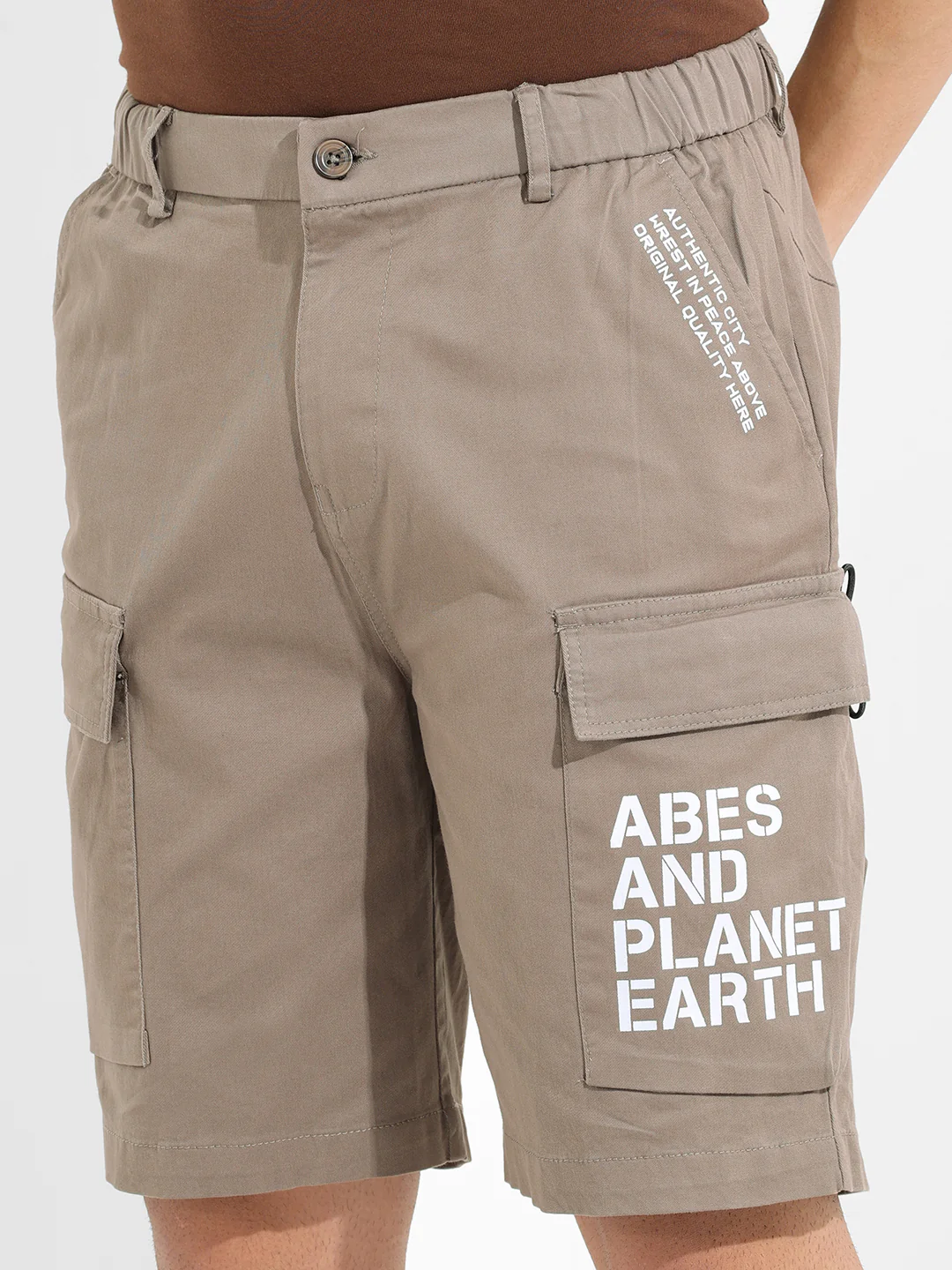 Men's Taupe Relaxed Fit Solid Utility Shorts - Image 5