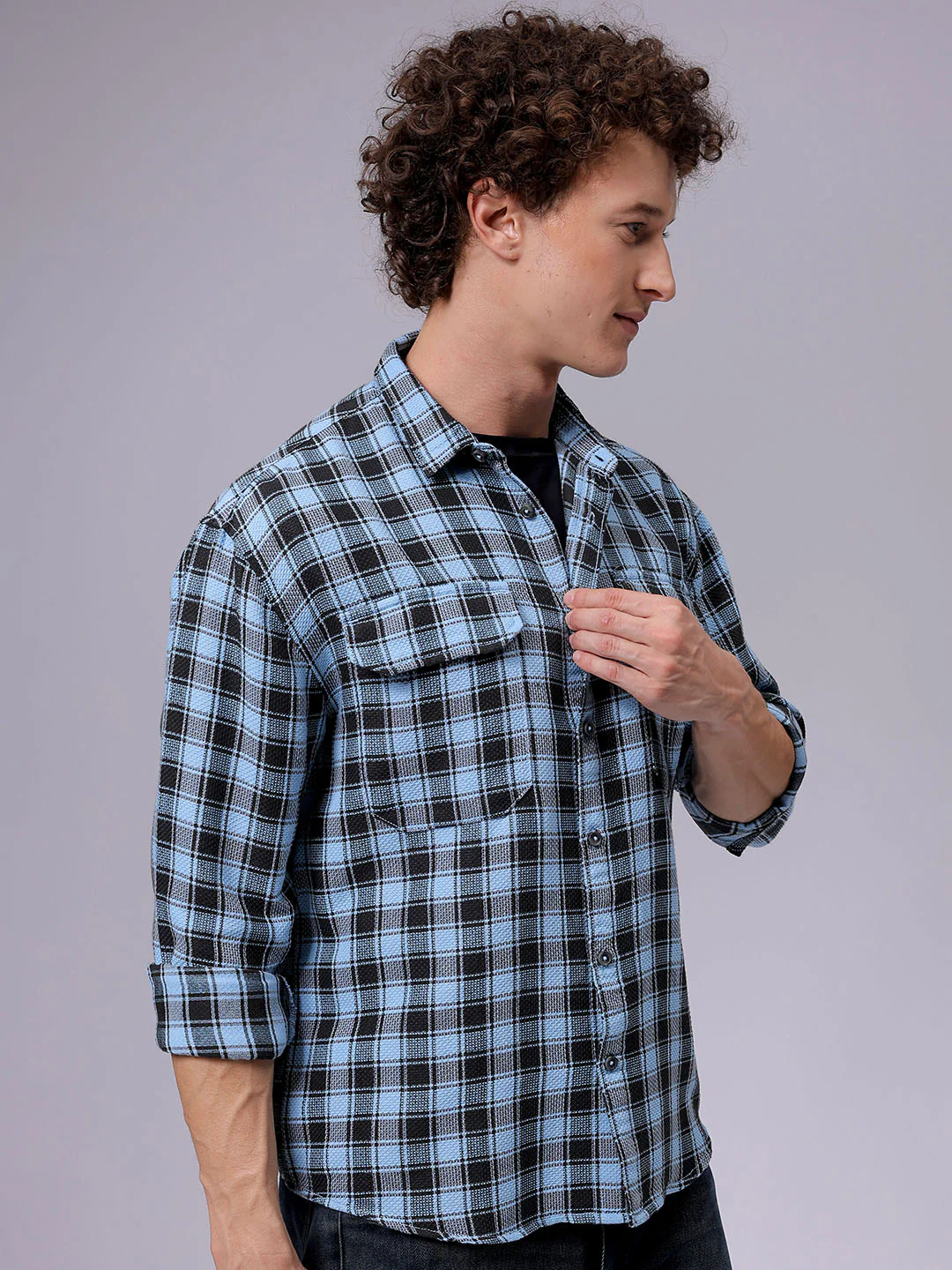 Men's Blue Relaxed Fit Checkered Casual Shirt - Image 4