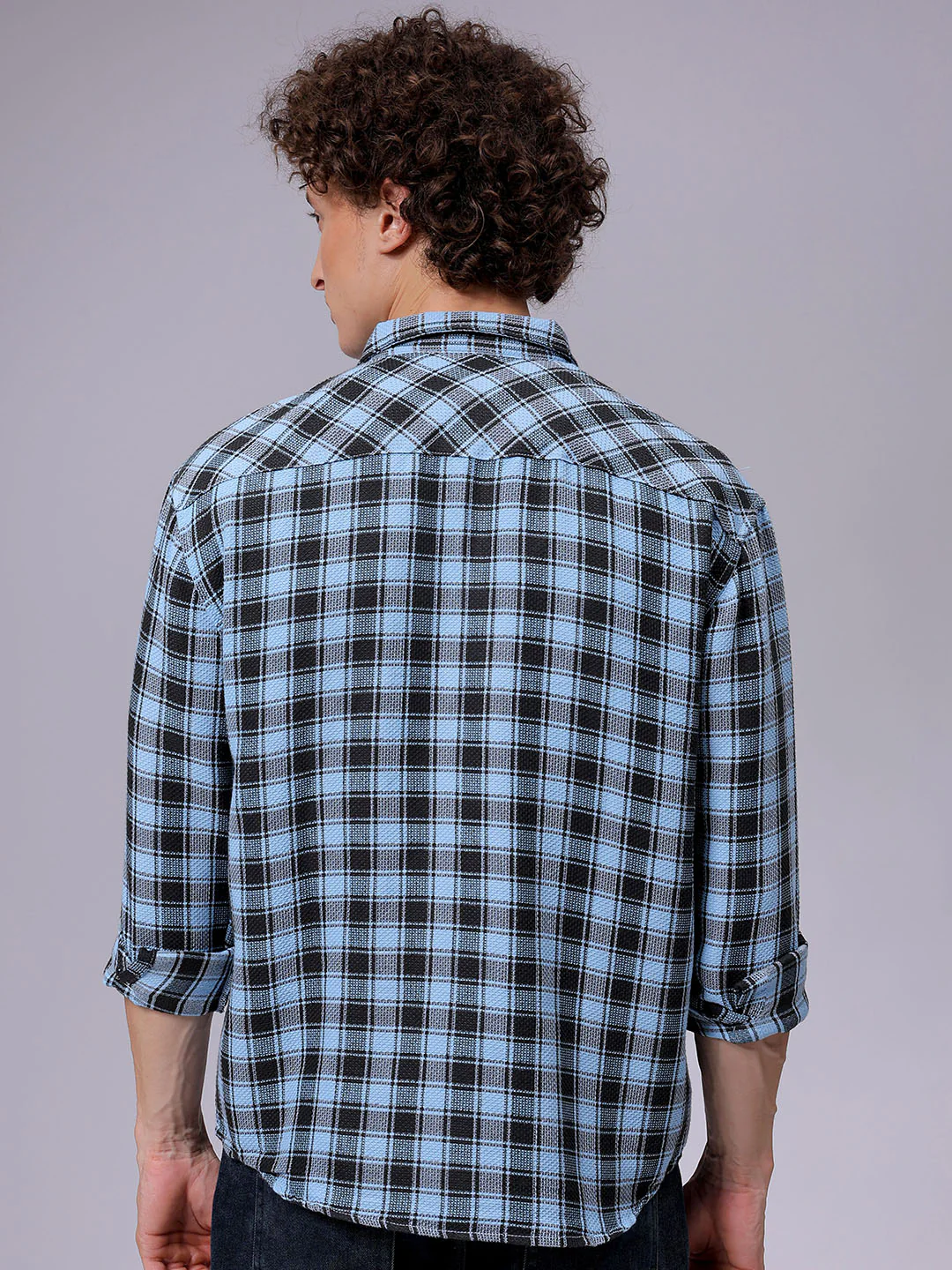 Men's Blue Relaxed Fit Checkered Casual Shirt - Image 5