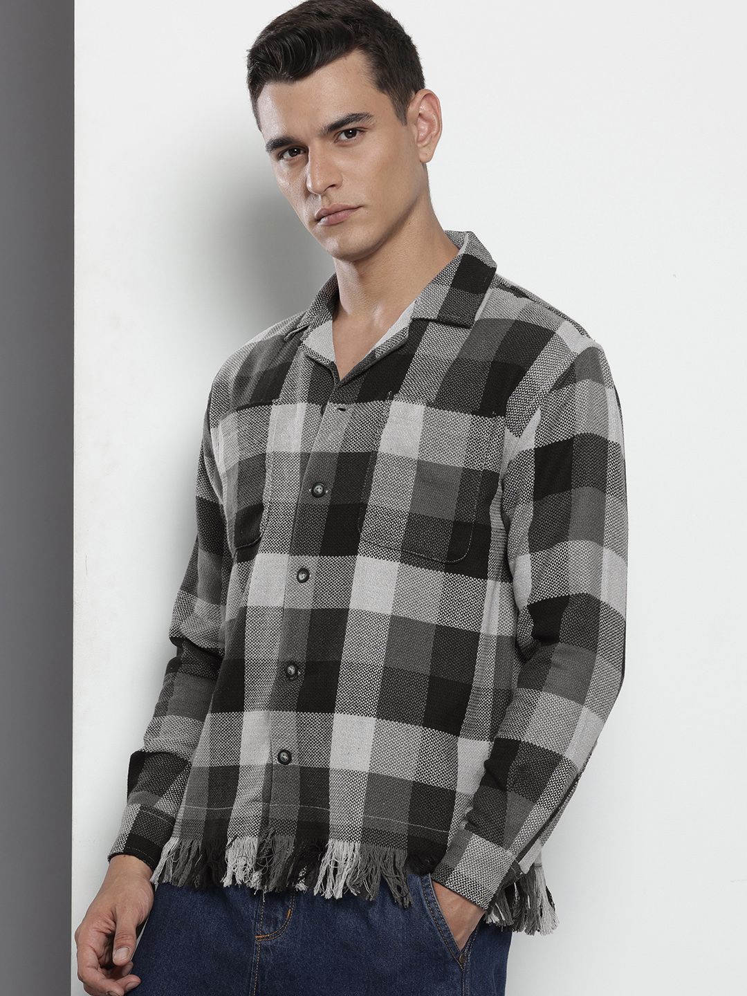 Men's Grey Melange Relaxed Fit Checkered Bohemian Printed Shirt - Image 2