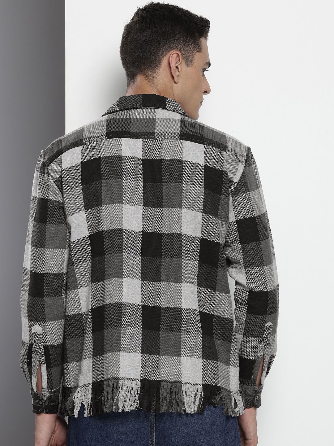 Men's Grey Melange Relaxed Fit Checkered Bohemian Printed Shirt - Image 3