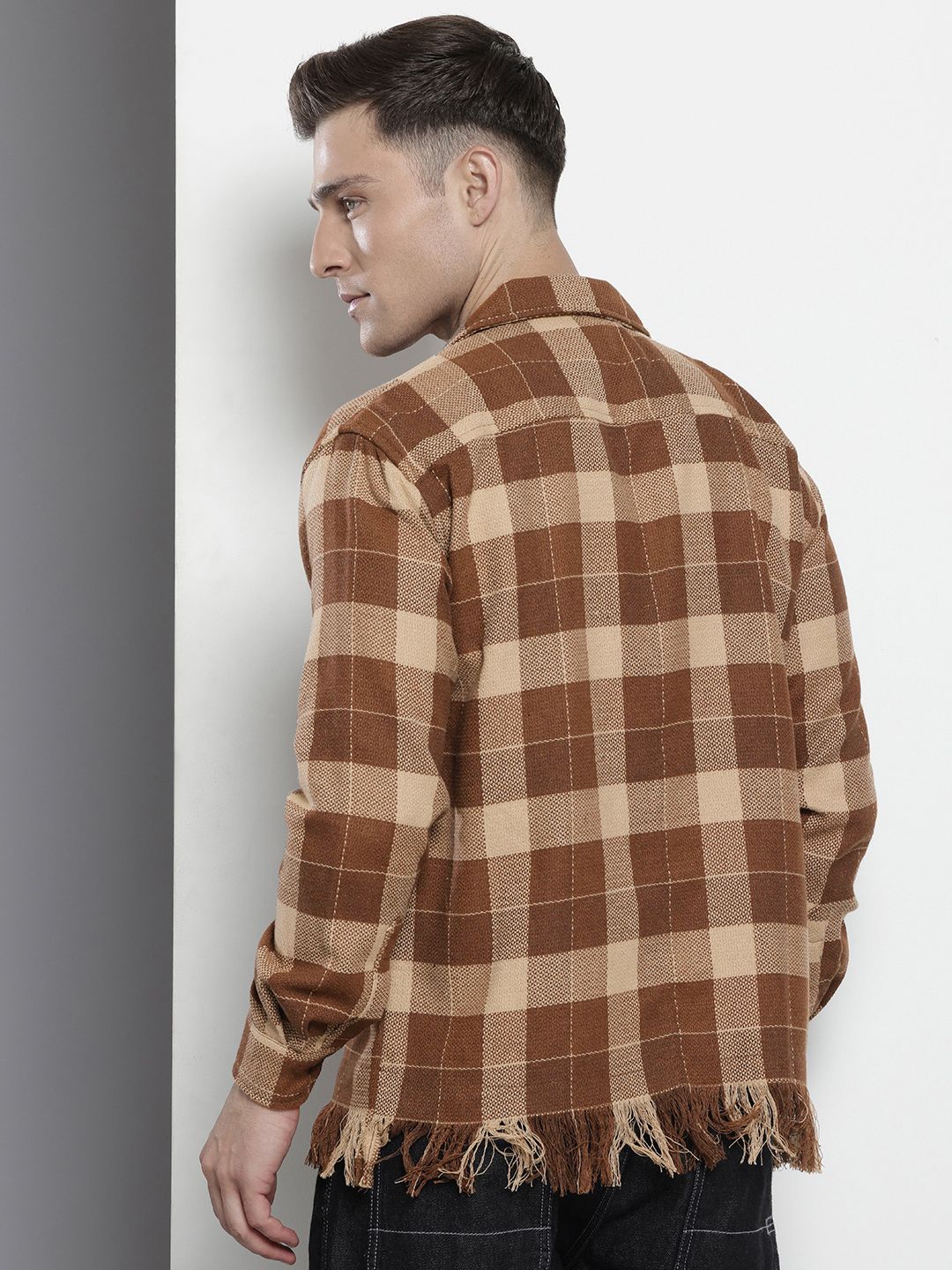 Men's Mocha Bisque Relaxed Fit Checkered Bohemian Printed Shirt - Image 3