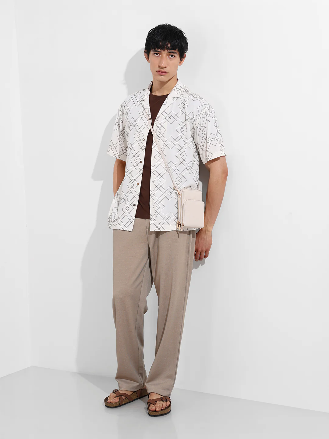 Men's Cream Relaxed Fit Textured Embroidered Shirt - Image 2