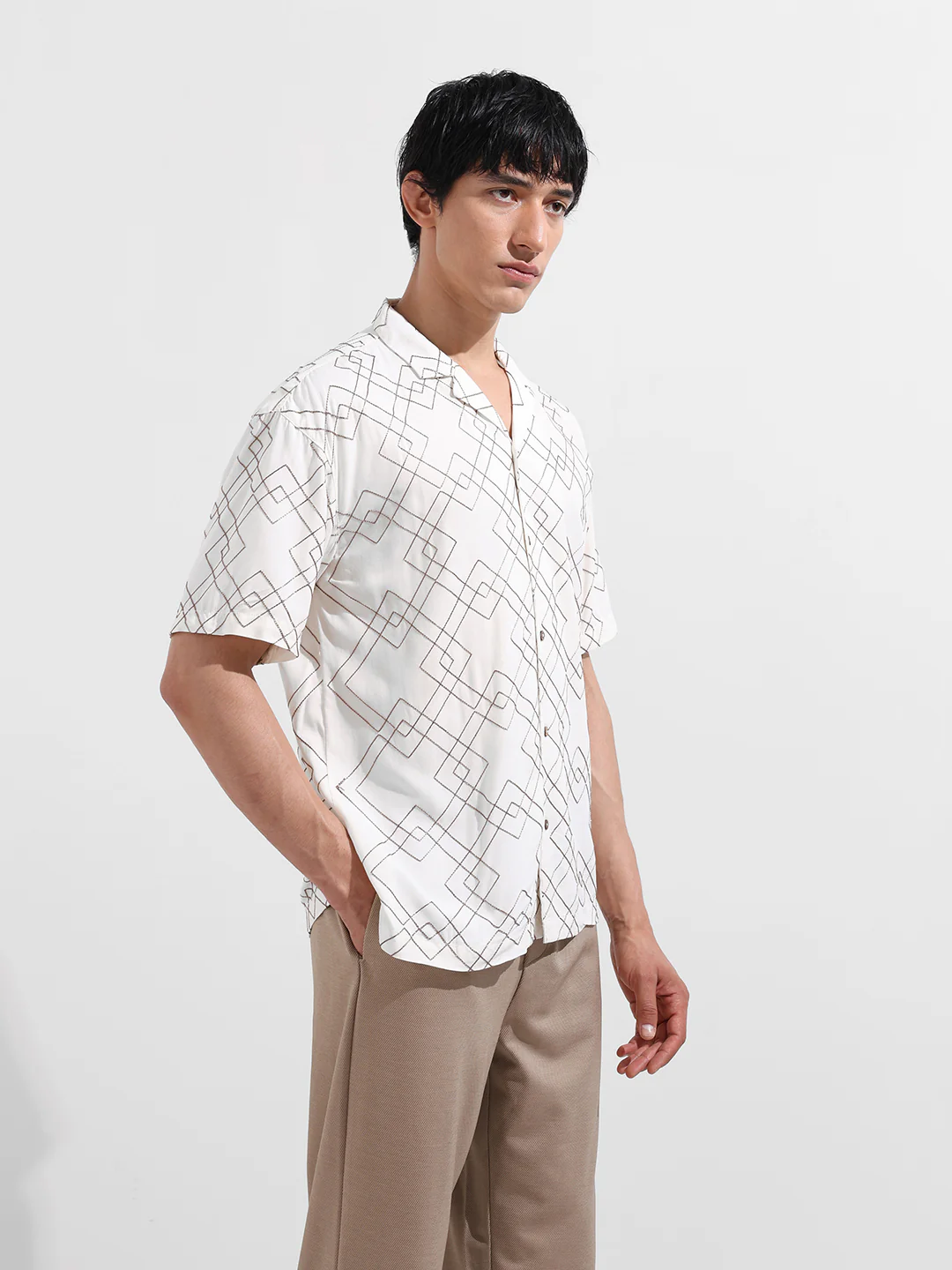 Men's Cream Relaxed Fit Textured Embroidered Shirt - Image 3