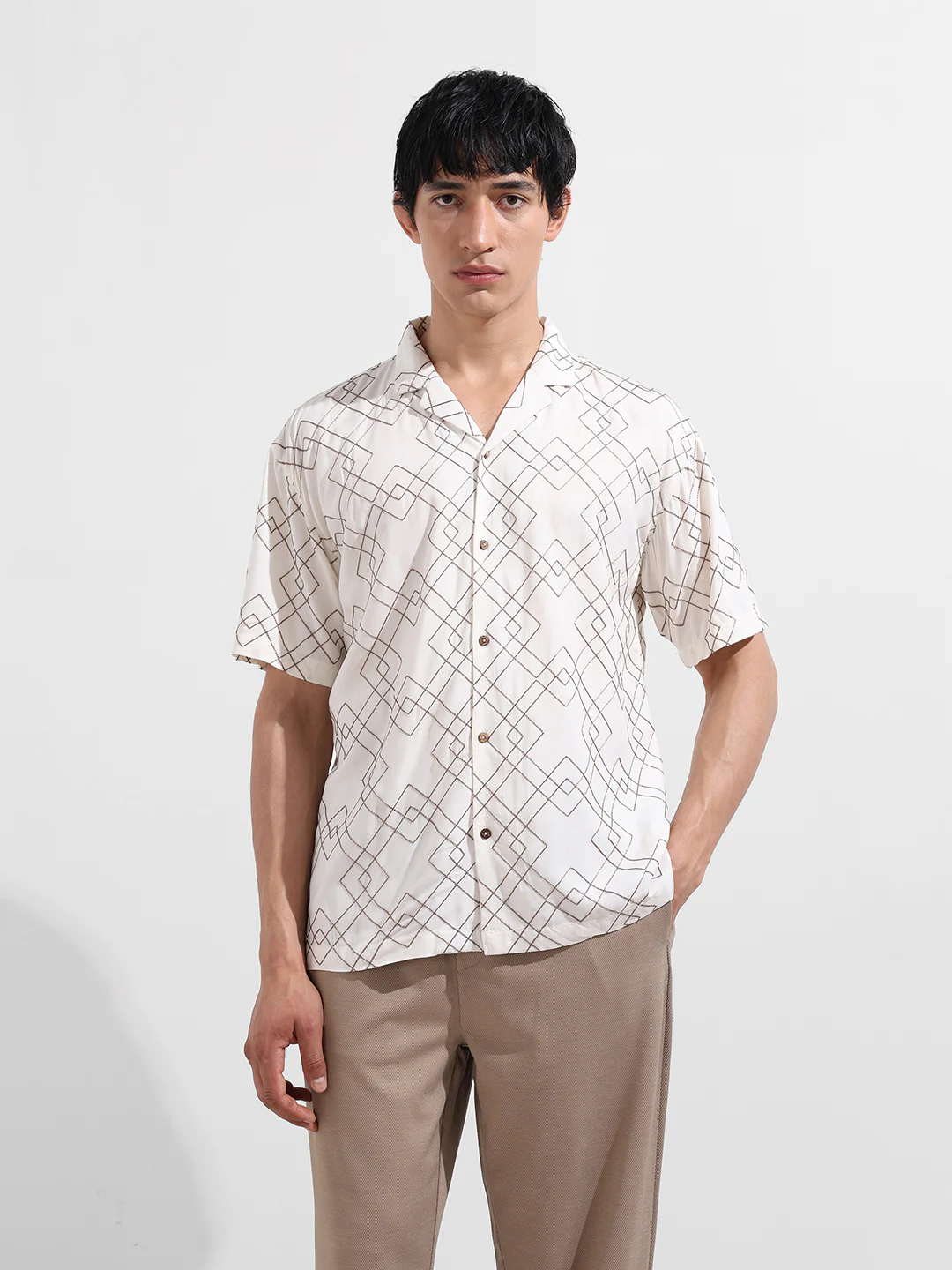 Men's Cream Relaxed Fit Textured Embroidered Shirt - Image 5