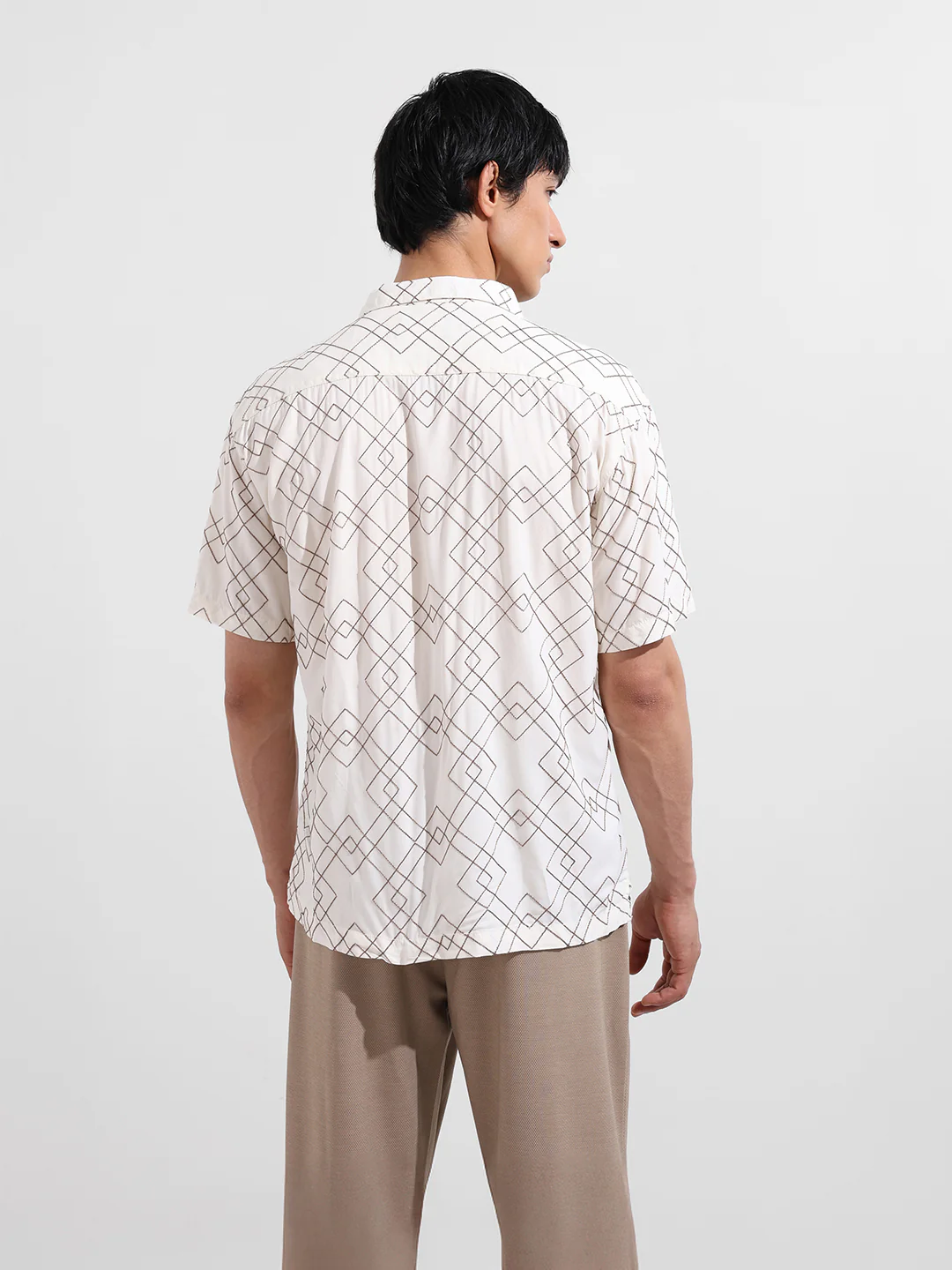 Men's Cream Relaxed Fit Textured Embroidered Shirt - Image 6