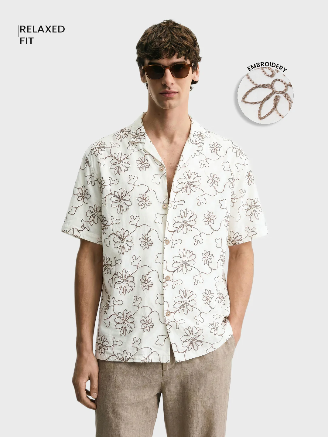 Men's Cream Relaxed Fit Embroidered Resort Wear Shirt - Image 2