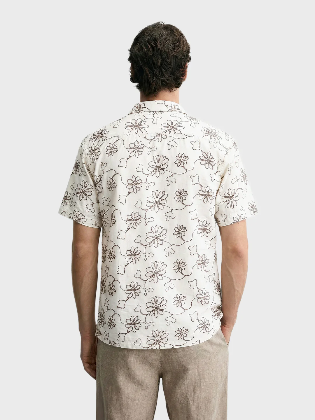 Men's Cream Relaxed Fit Embroidered Resort Wear Shirt - Image 3