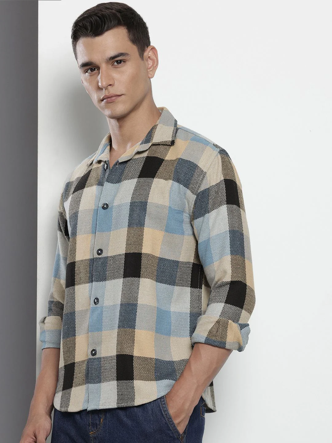 Men's Khaki Relaxed Fit Checkered Textured Shirt - Image 2