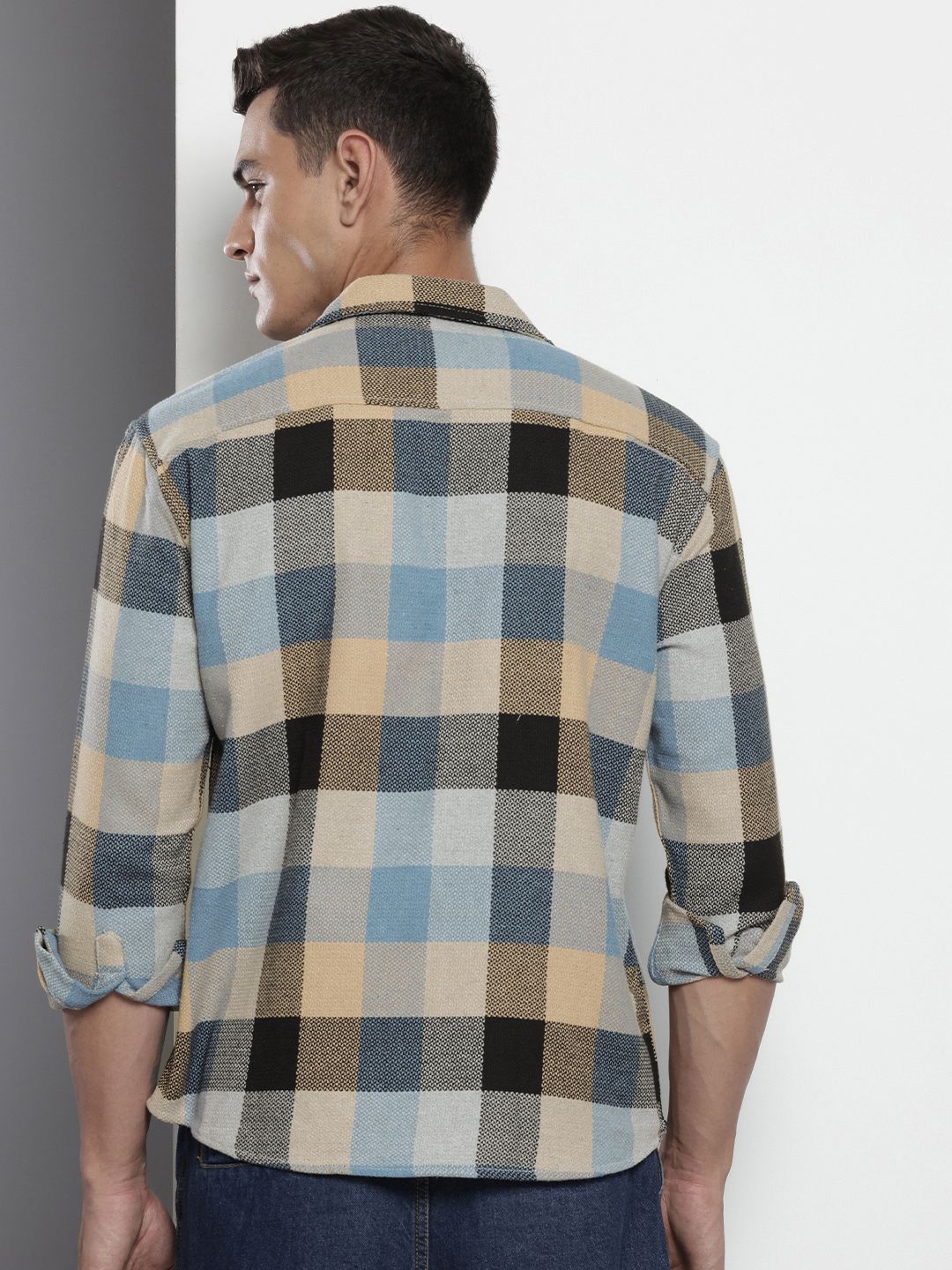 Men's Khaki Relaxed Fit Checkered Textured Shirt - Image 3
