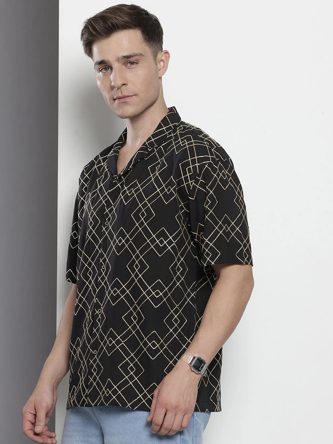Men's Black Relaxed Fit Textured Embroidered Shirt - Image 2