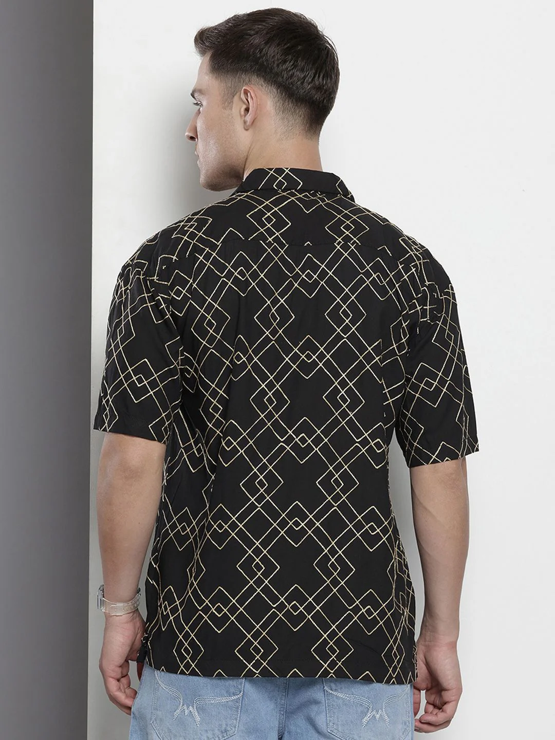 Men's Black Relaxed Fit Textured Embroidered Shirt - Image 3
