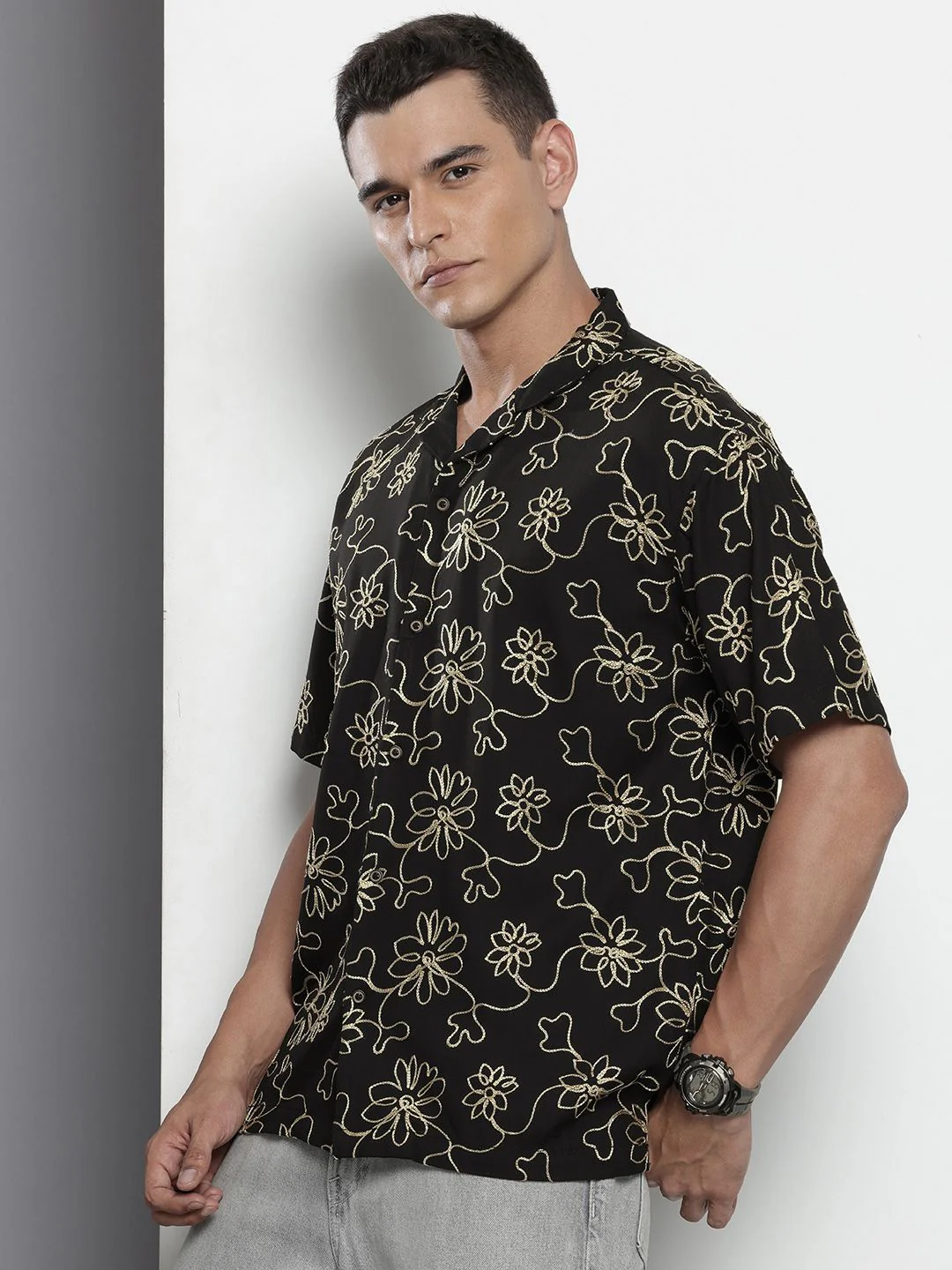 Men's Black Relaxed Fit Textured Embroidered Shirt - Image 2