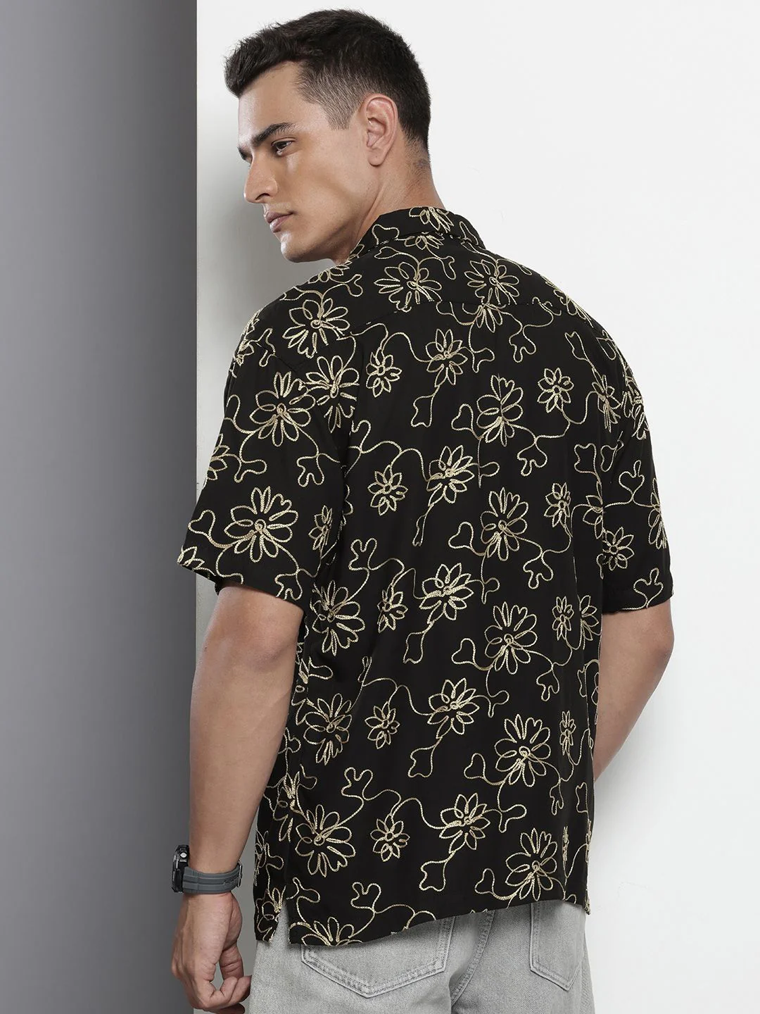 Men's Black Relaxed Fit Textured Embroidered Shirt - Image 3