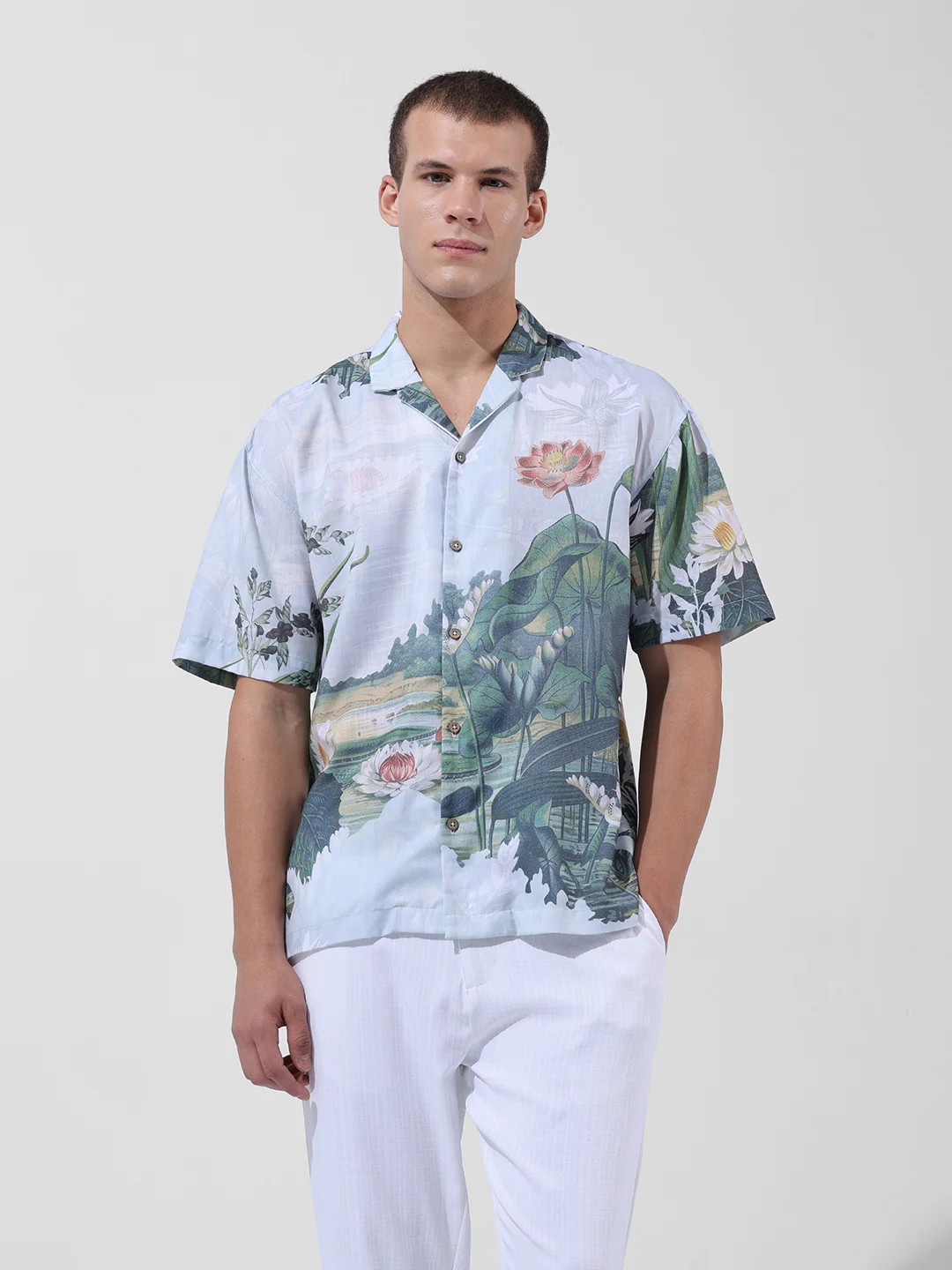 Men's Green Relaxed Fit Printed Resort Wear Shirt - Image 7