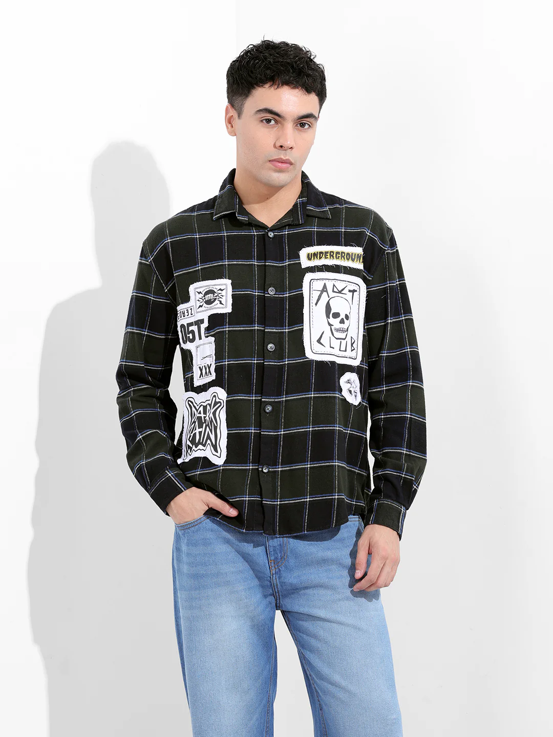 Men's Green Relaxed Fit Patched Street Wear Shirt - Image 7