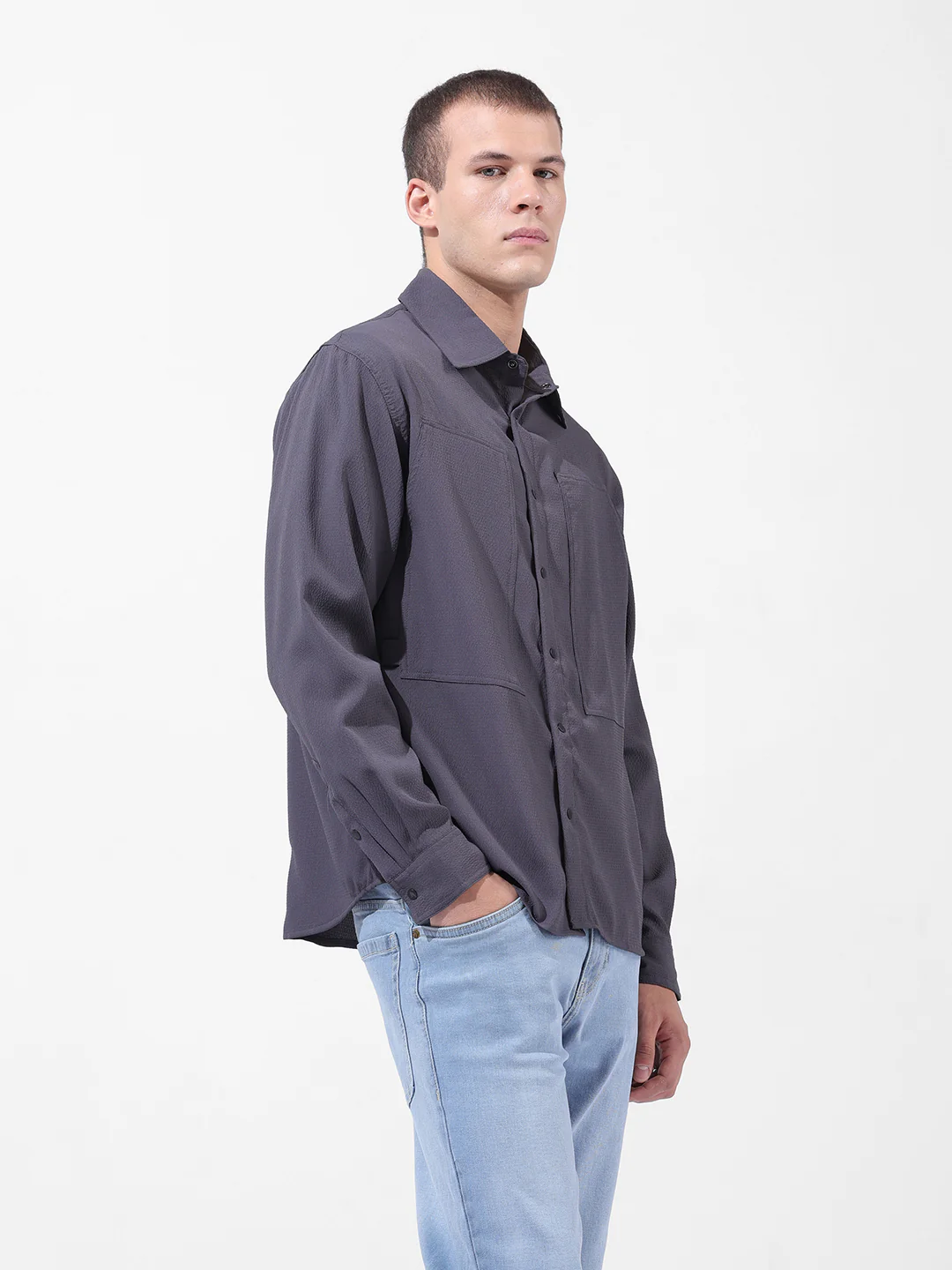 Men's Grey Relaxed Fit Solid Utility Shirt - Image 3