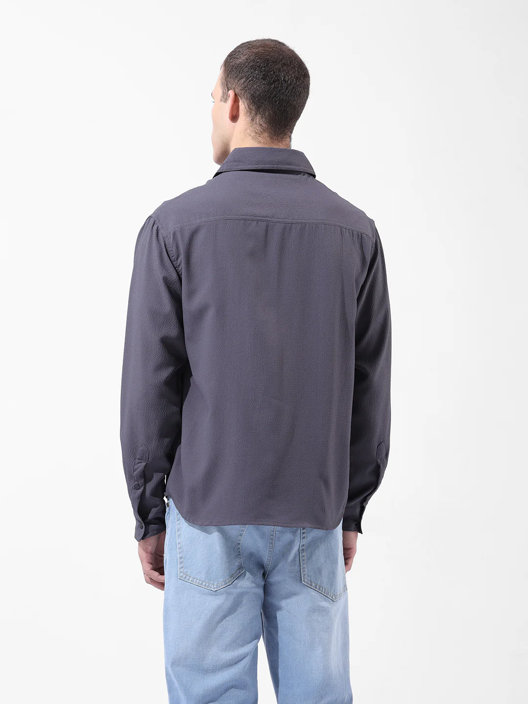 Men's Grey Relaxed Fit Solid Utility Shirt - Image 4