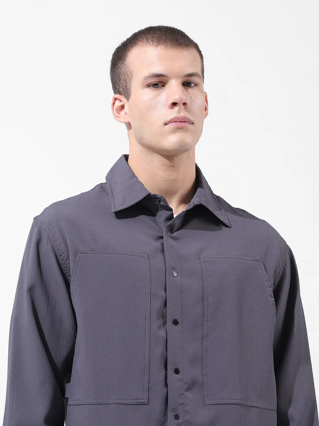 Men's Grey Relaxed Fit Solid Utility Shirt - Image 6