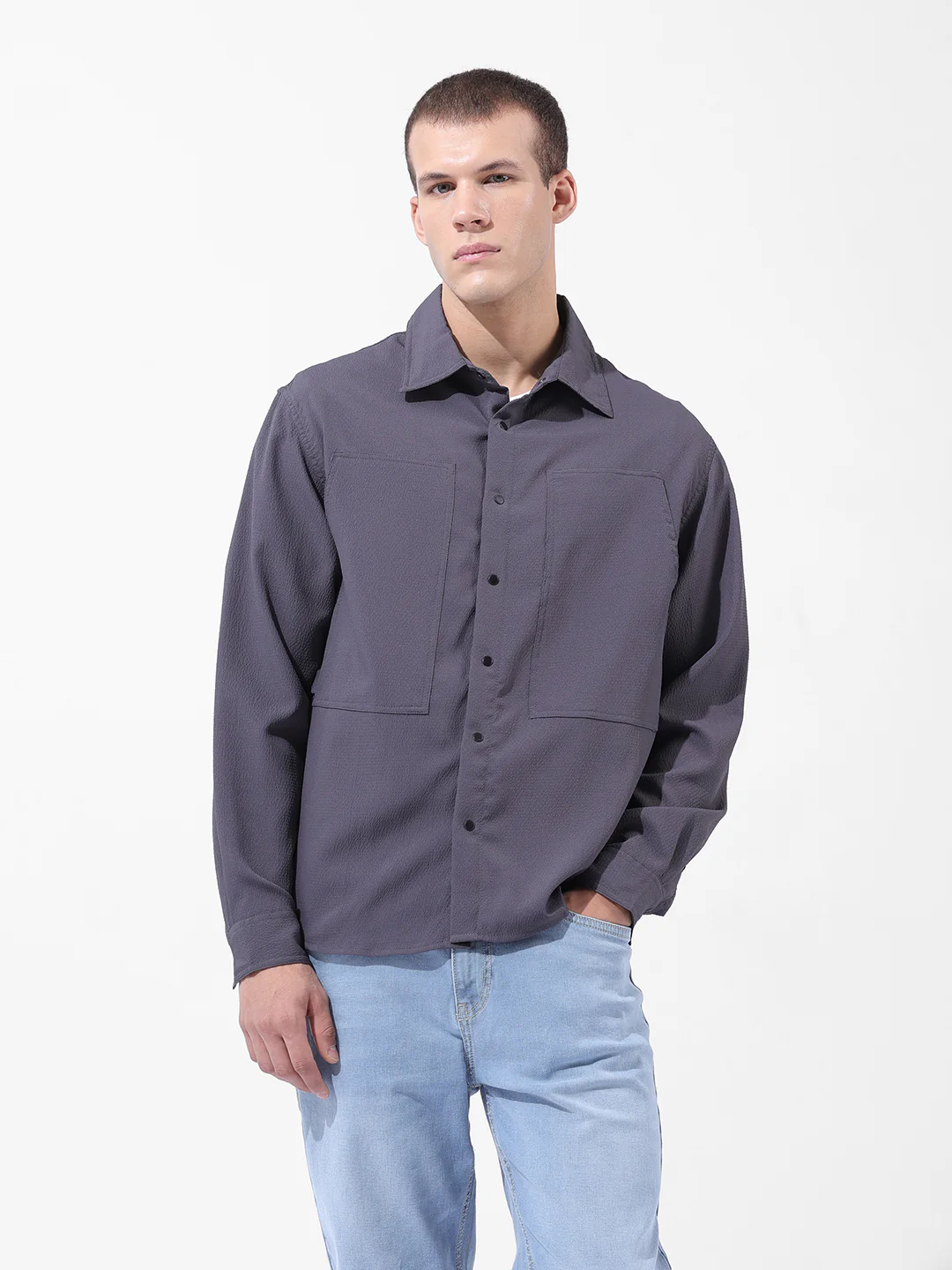 Men's Grey Relaxed Fit Solid Utility Shirt - Image 7