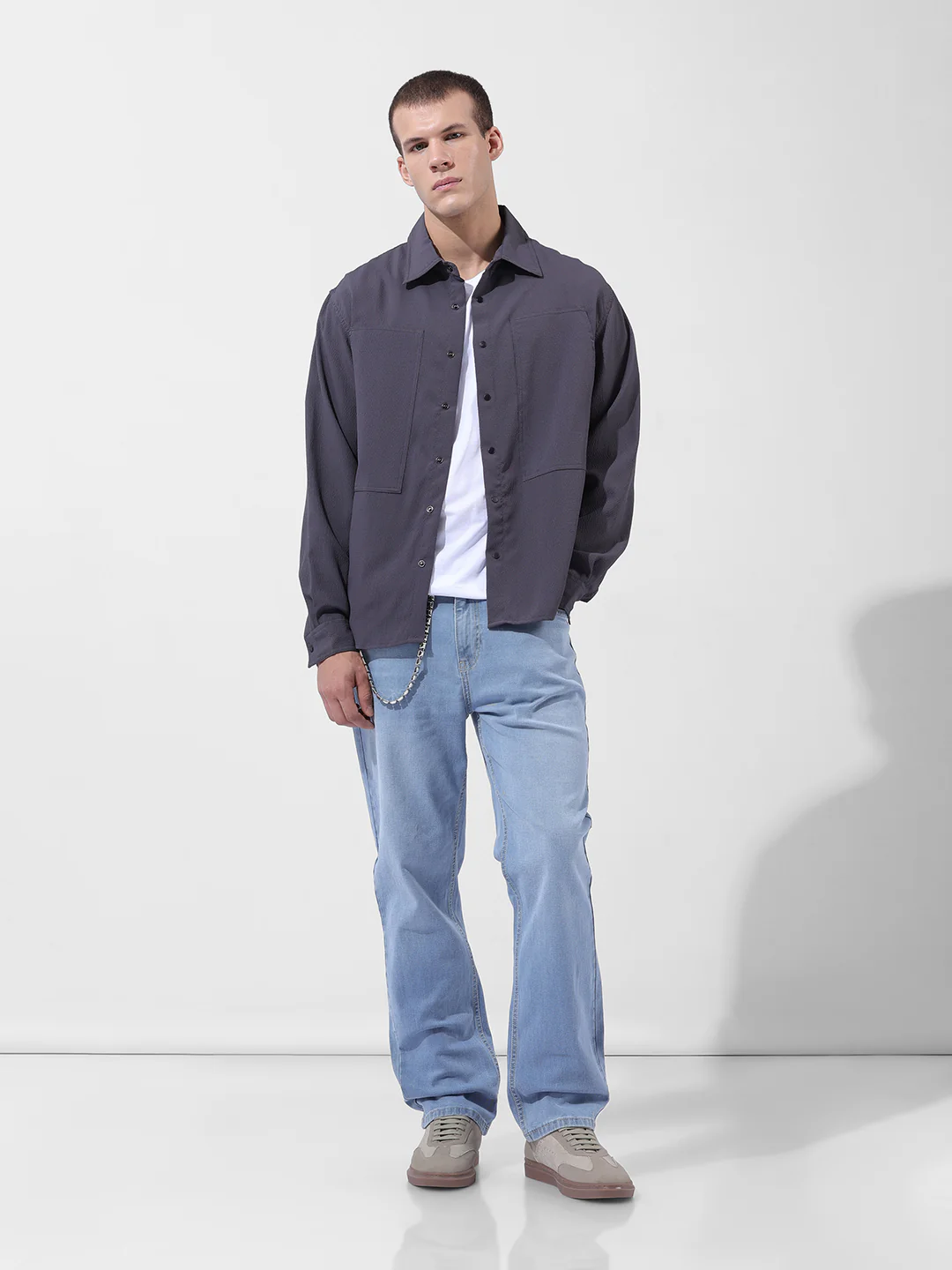Men's Grey Relaxed Fit Solid Utility Shirt - Image 8