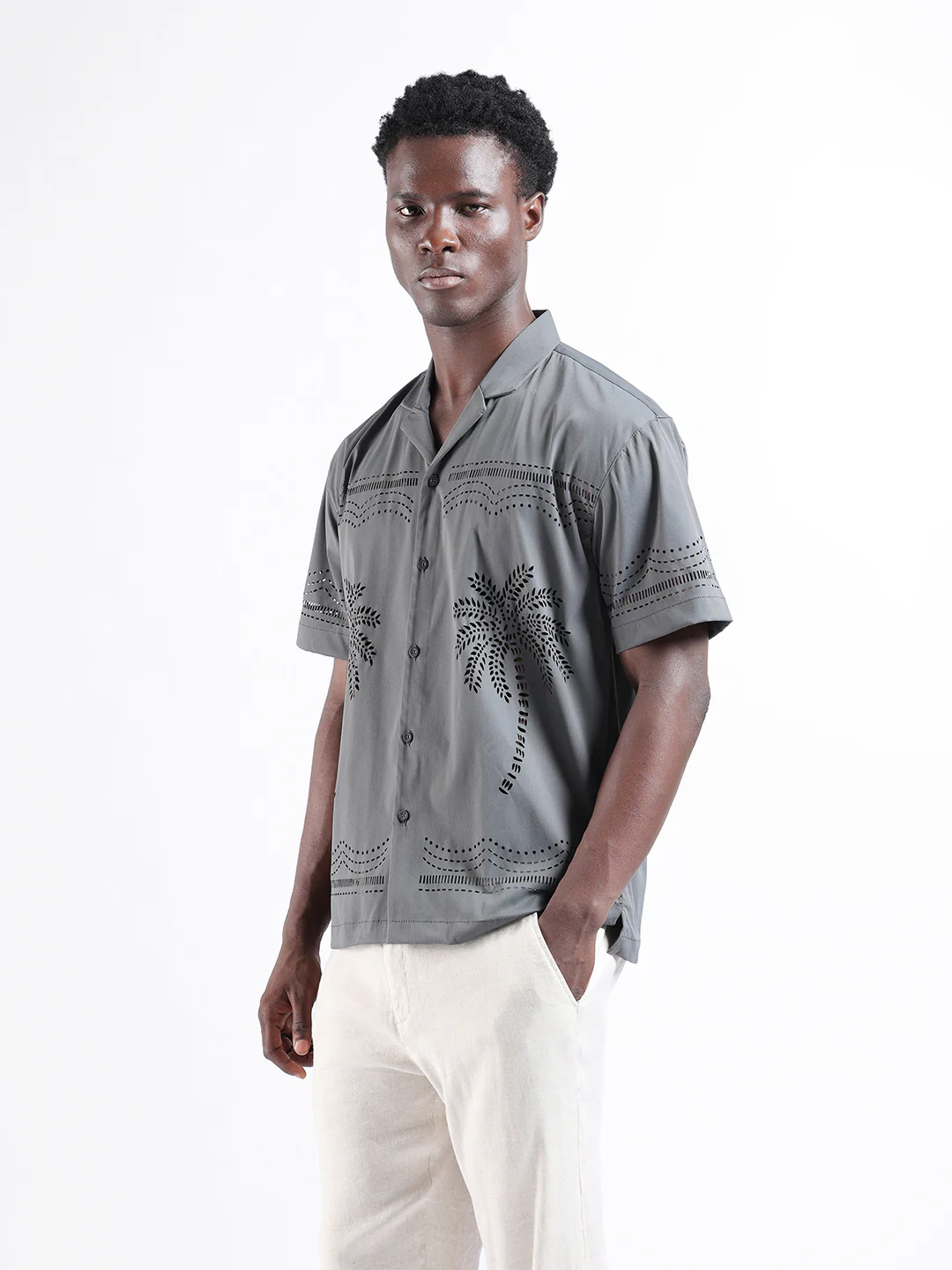 Men's Grey Relaxed Fit Solid  Resort Wear Shirt - Image 2