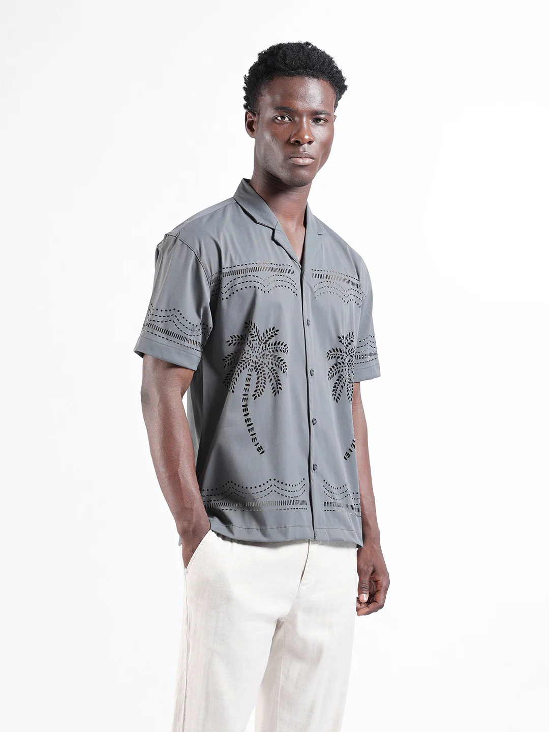 Men's Grey Relaxed Fit Solid  Resort Wear Shirt - Image 3