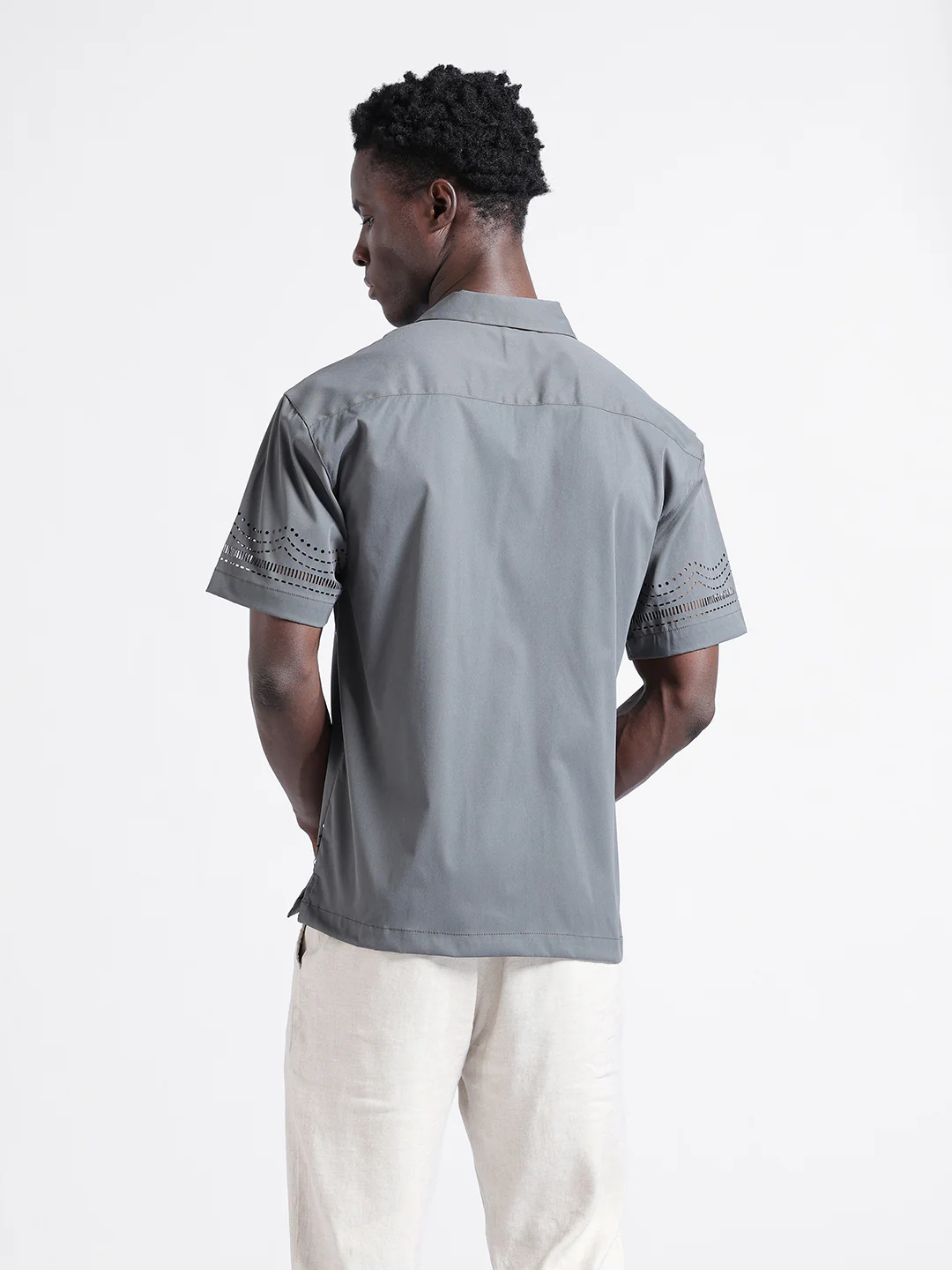 Men's Grey Relaxed Fit Solid  Resort Wear Shirt - Image 4