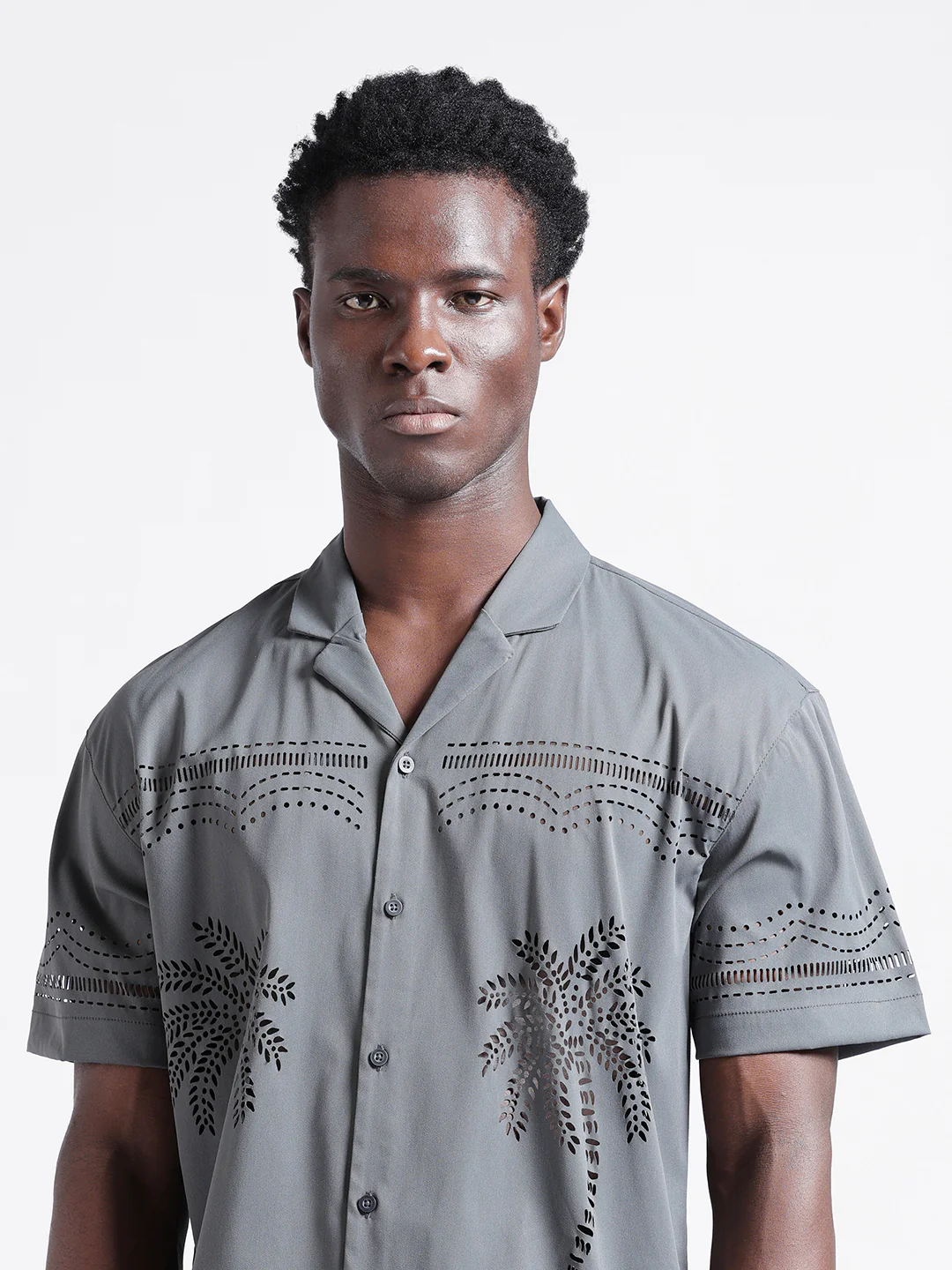 Men's Grey Relaxed Fit Solid  Resort Wear Shirt - Image 5