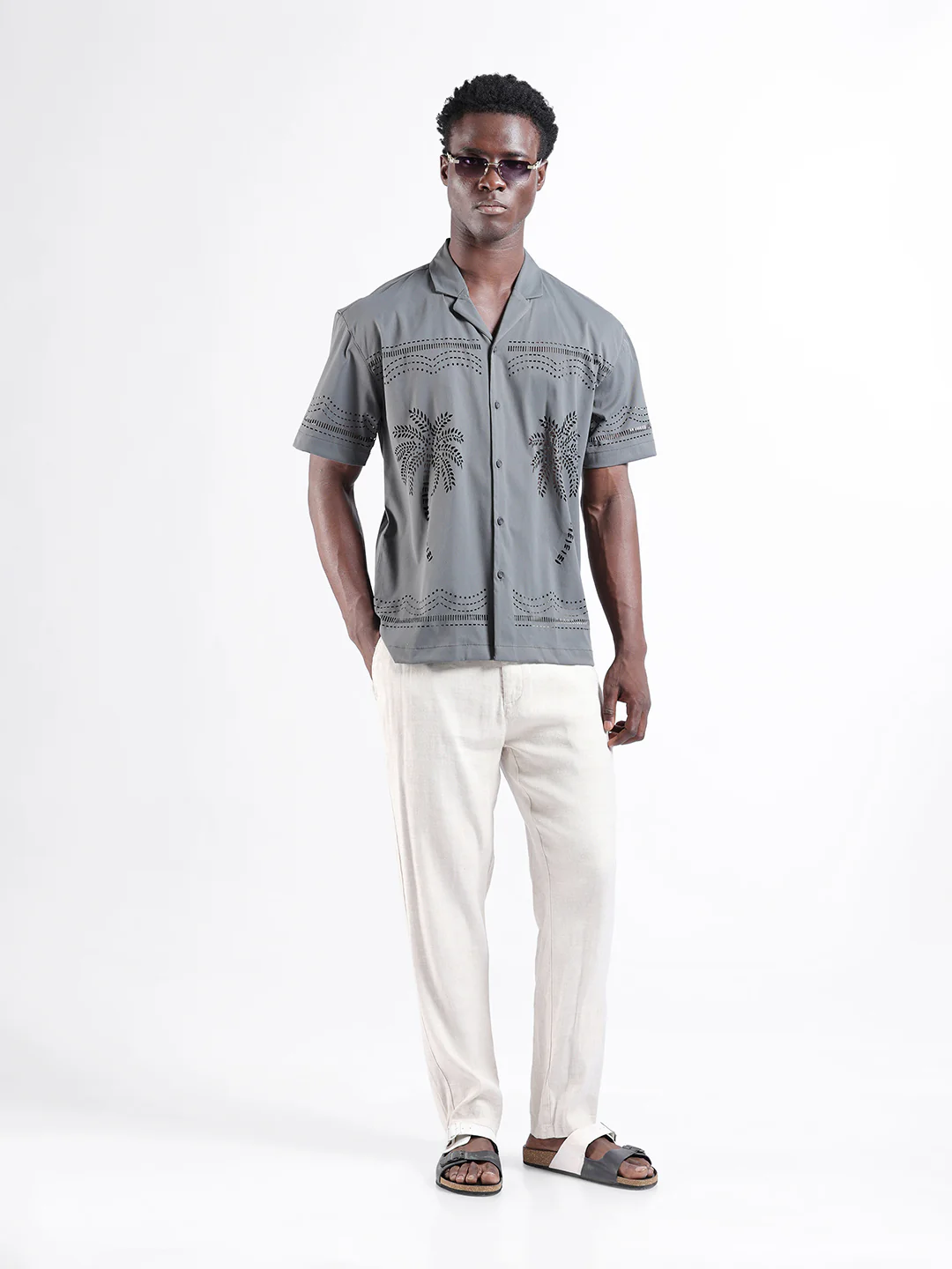 Men's Grey Relaxed Fit Solid  Resort Wear Shirt - Image 7