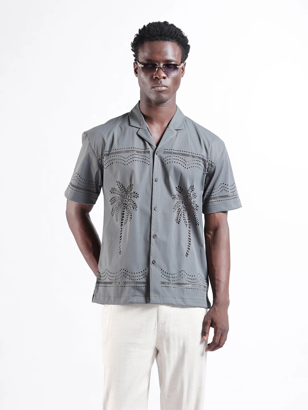 Men's Grey Relaxed Fit Solid  Resort Wear Shirt - Image 8