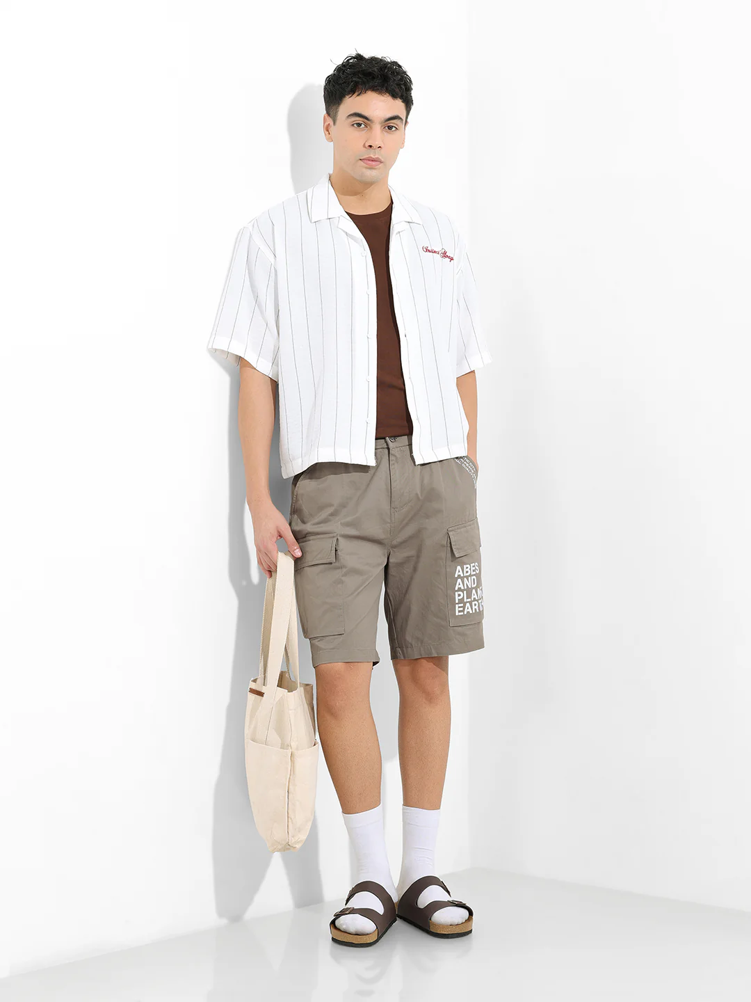 Men's Stone Grey Relaxed Fit Solid Utility Shorts - Image 6