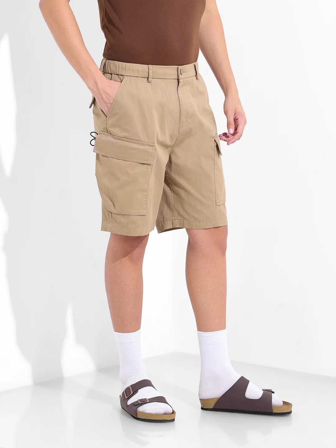 Men's Khaki Relaxed Fit Solid Utility Shorts - Image 3