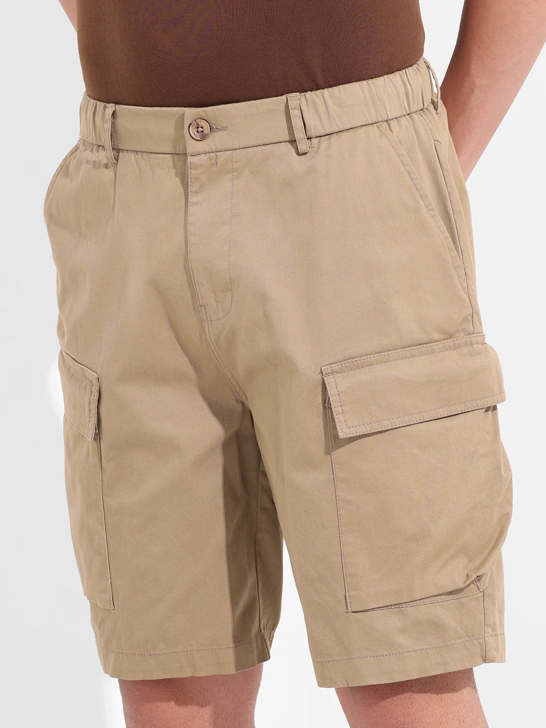 Men's Khaki Relaxed Fit Solid Utility Shorts - Image 5