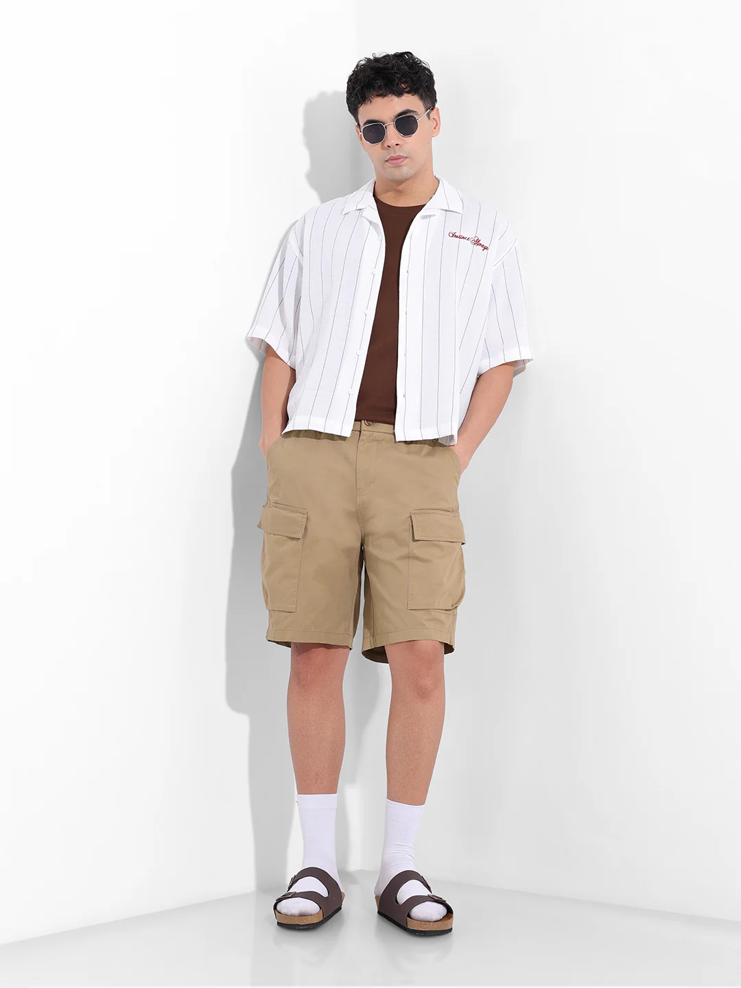 Men's Khaki Relaxed Fit Solid Utility Shorts - Image 6