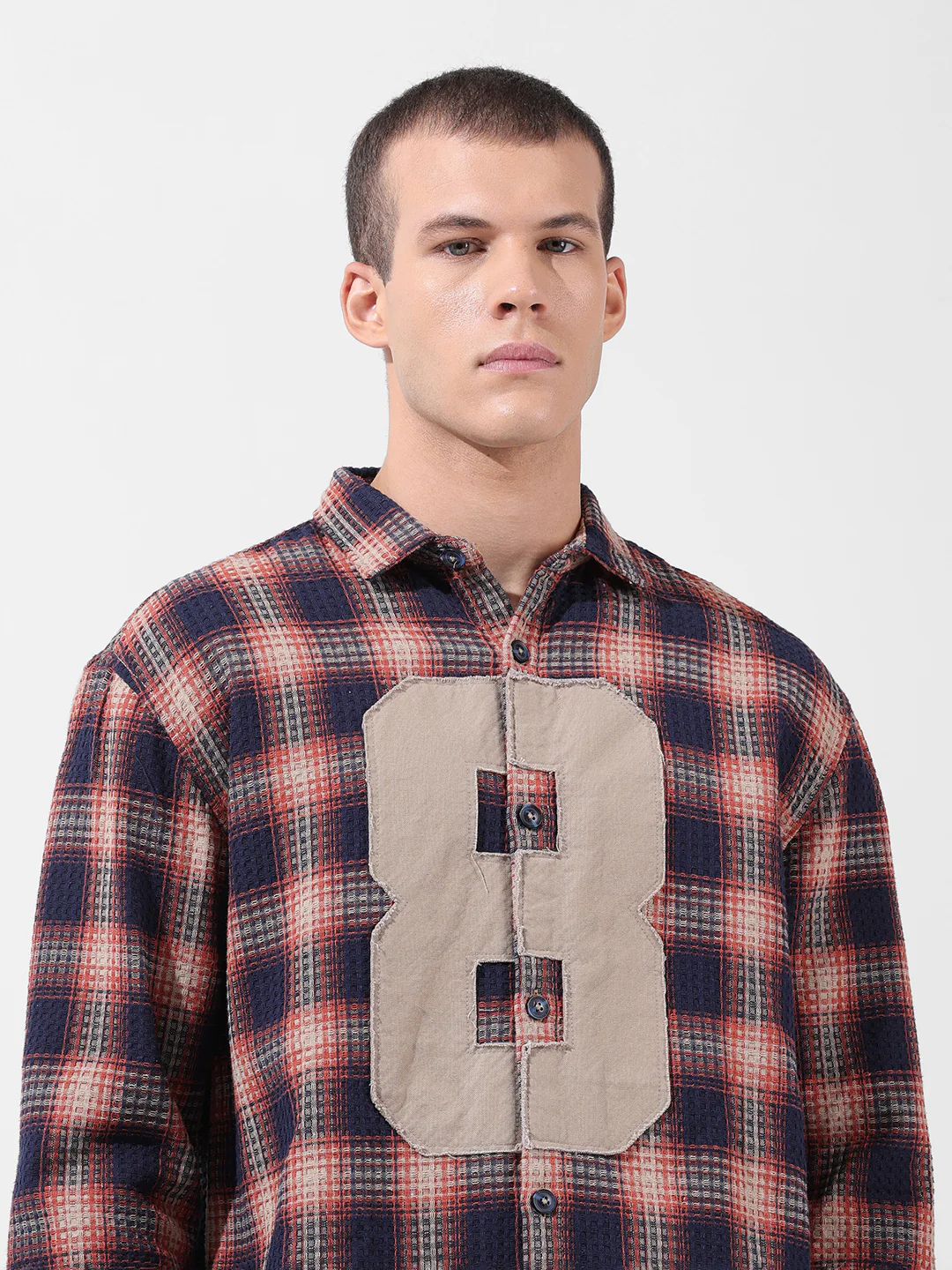 Men's Navy Blue Relaxed Fit Checkered Embroidered Shirt - Image 3