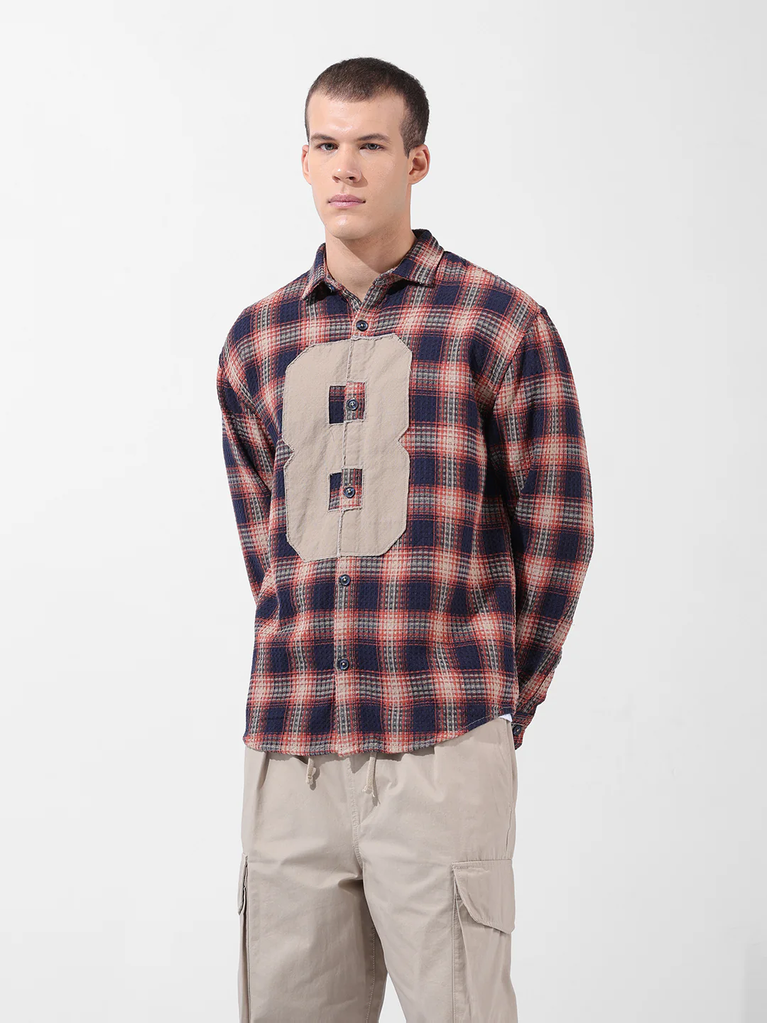 Men's Navy Blue Relaxed Fit Checkered Embroidered Shirt - Image 4