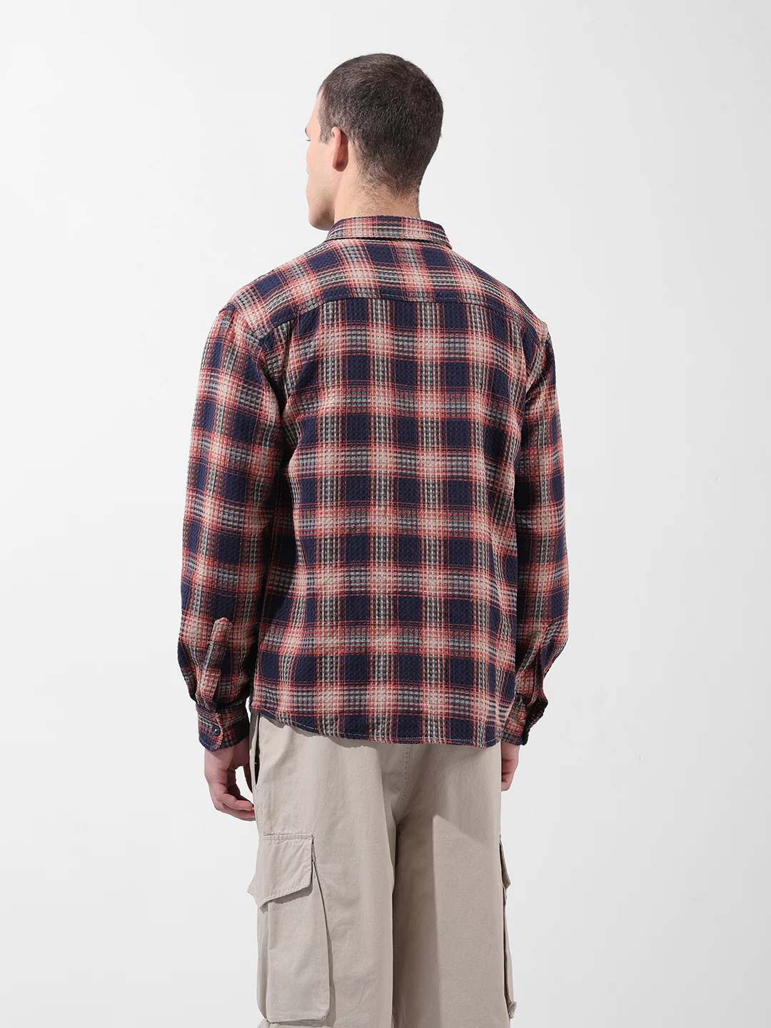 Men's Navy Blue Relaxed Fit Checkered Embroidered Shirt - Image 5