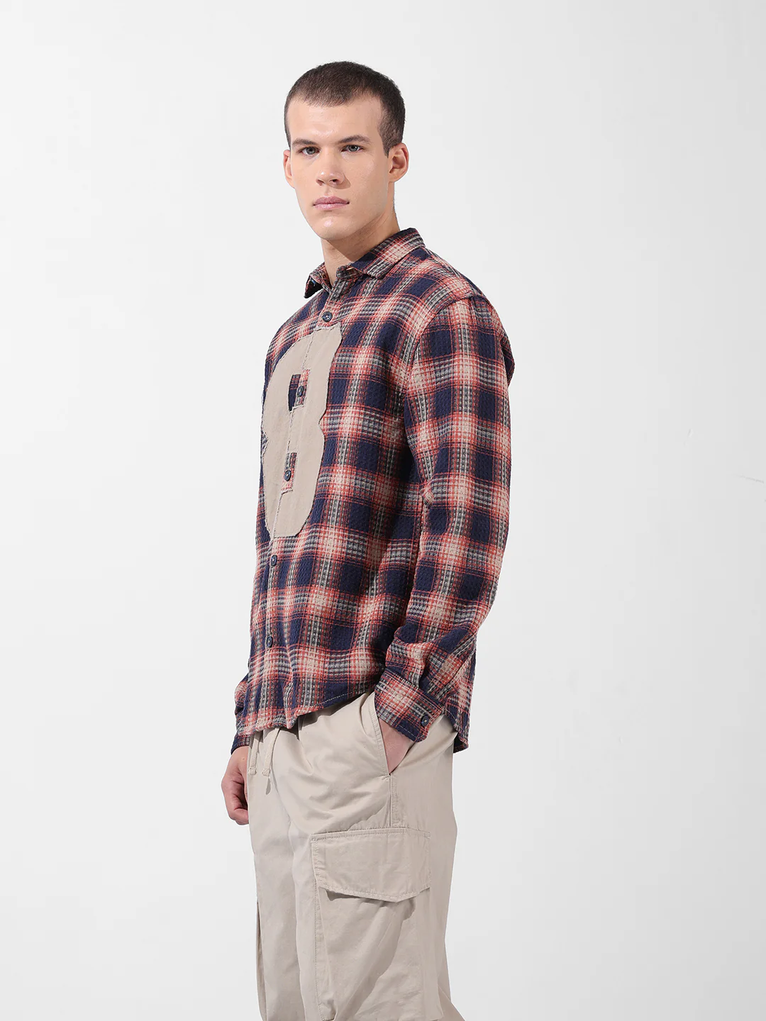 Men's Navy Blue Relaxed Fit Checkered Embroidered Shirt - Image 6