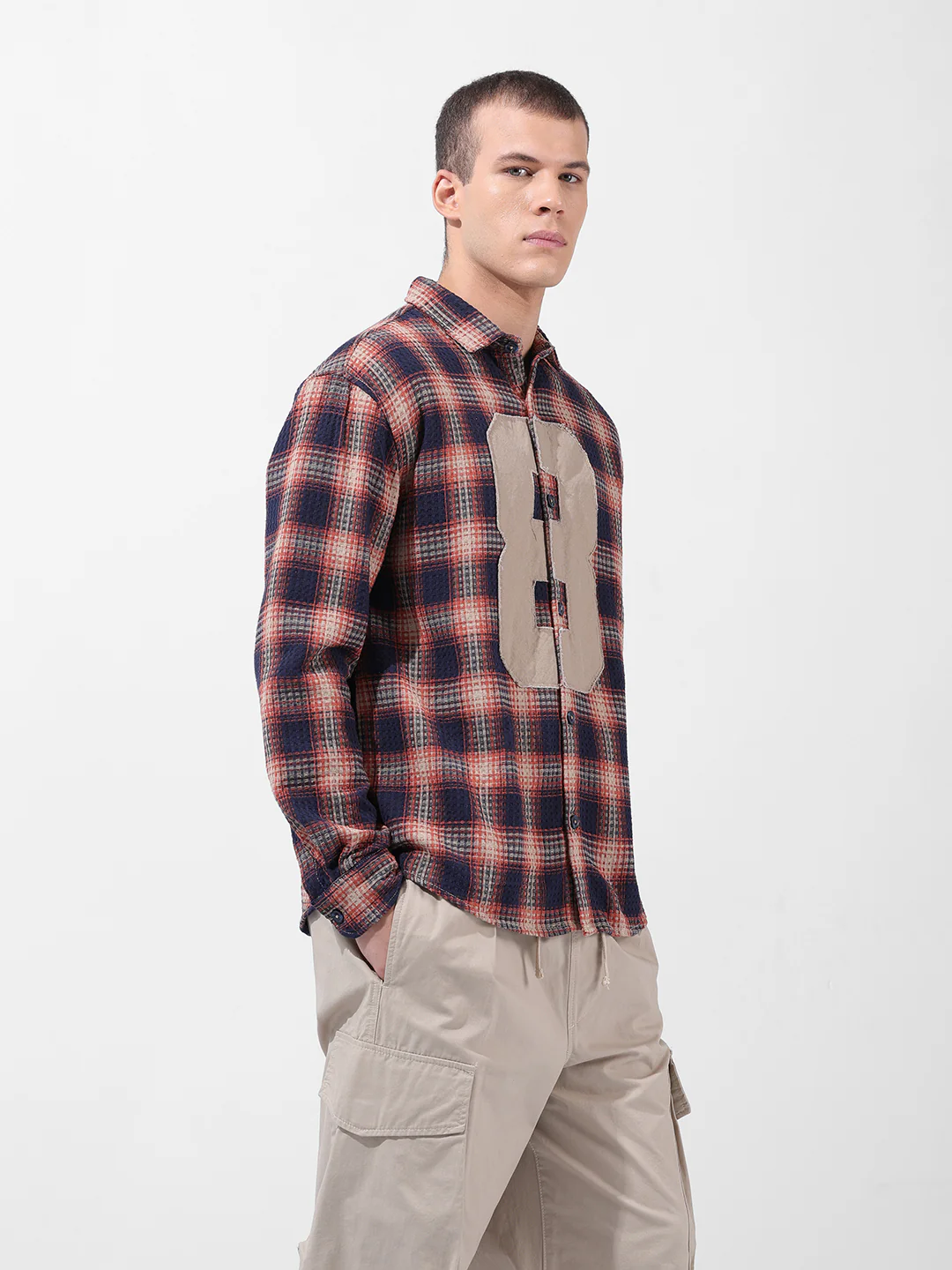 Men's Navy Blue Relaxed Fit Checkered Embroidered Shirt - Image 7
