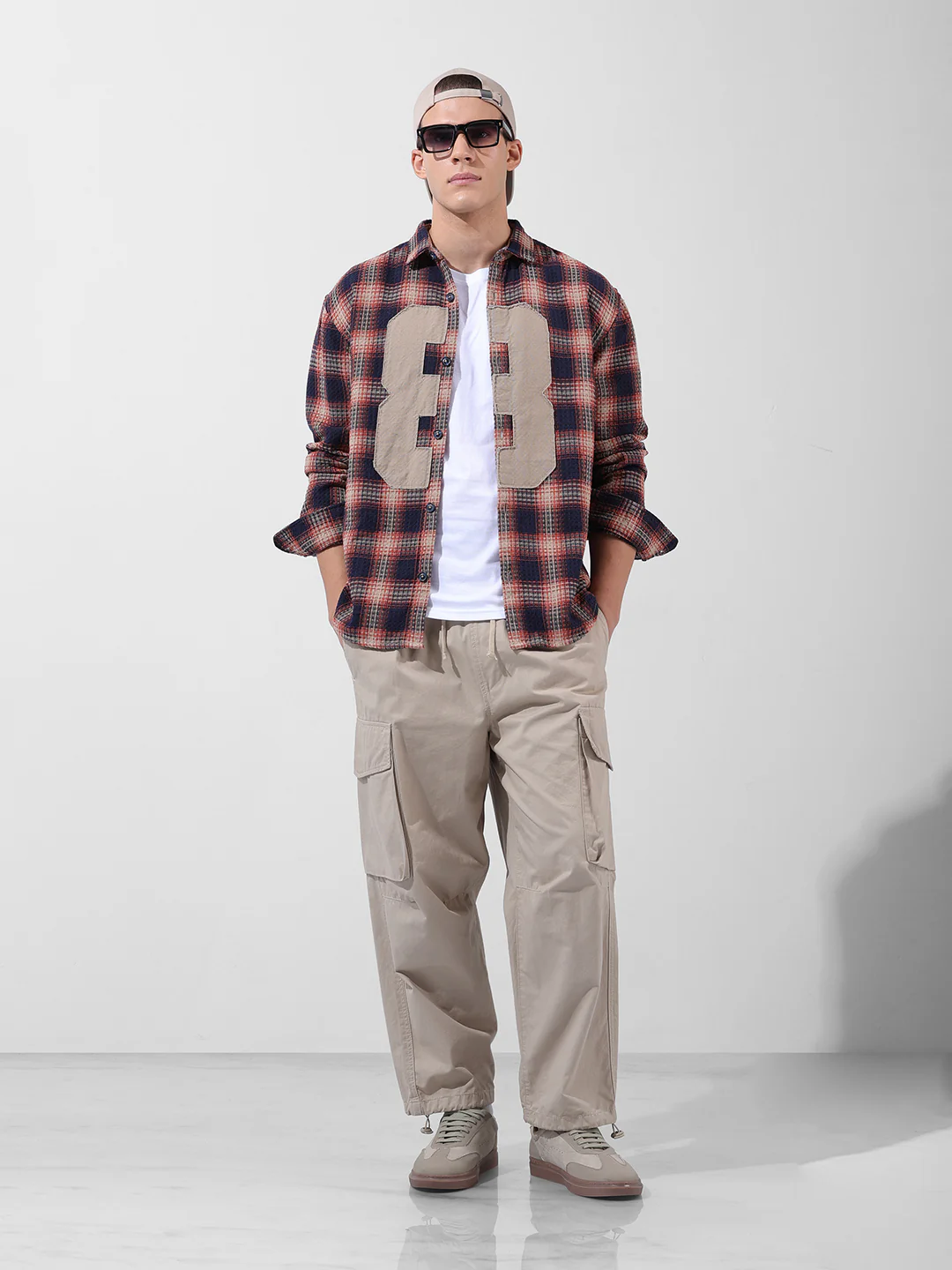 Men's Navy Blue Relaxed Fit Checkered Embroidered Shirt - Image 8