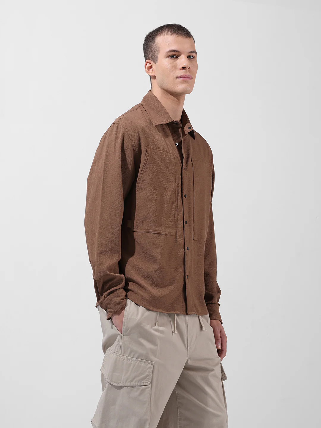 Men's Brown Relaxed Fit Solid Utility Shirt - Image 2