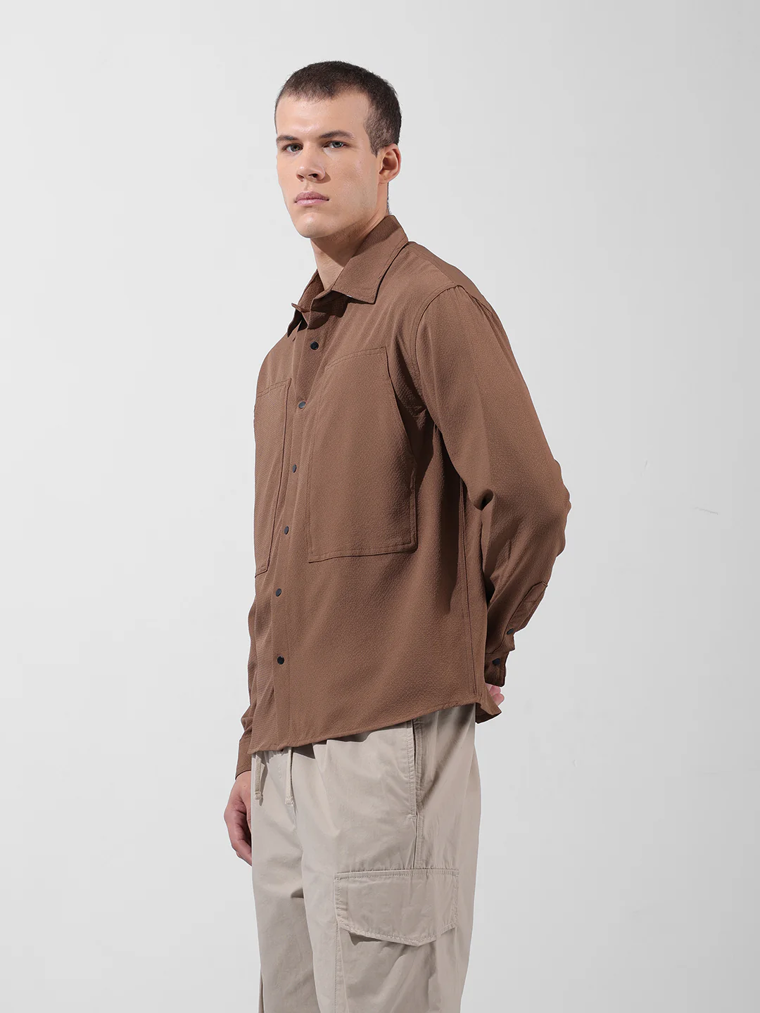 Men's Brown Relaxed Fit Solid Utility Shirt - Image 3