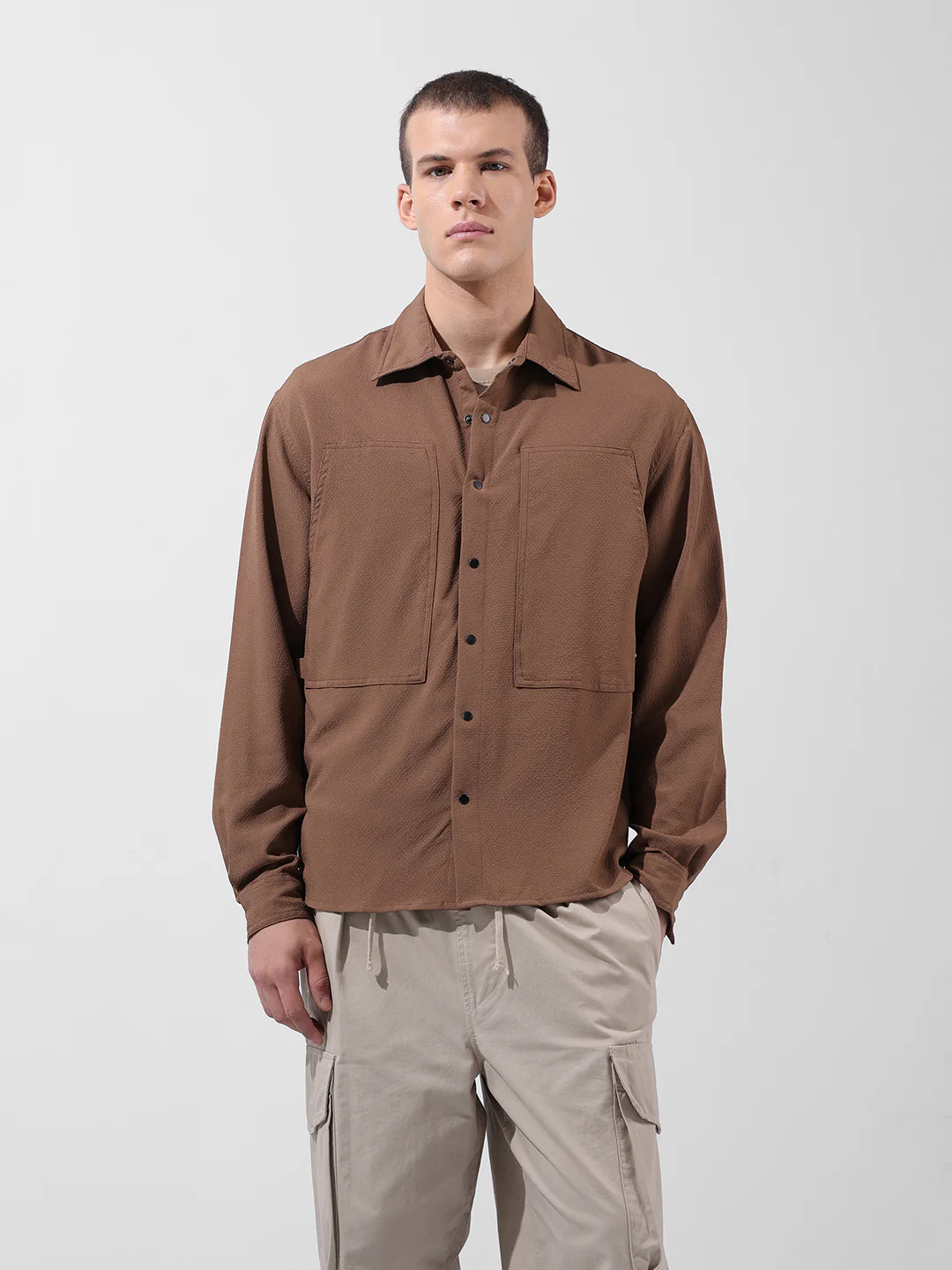 Men's Brown Relaxed Fit Solid Utility Shirt - Image 6