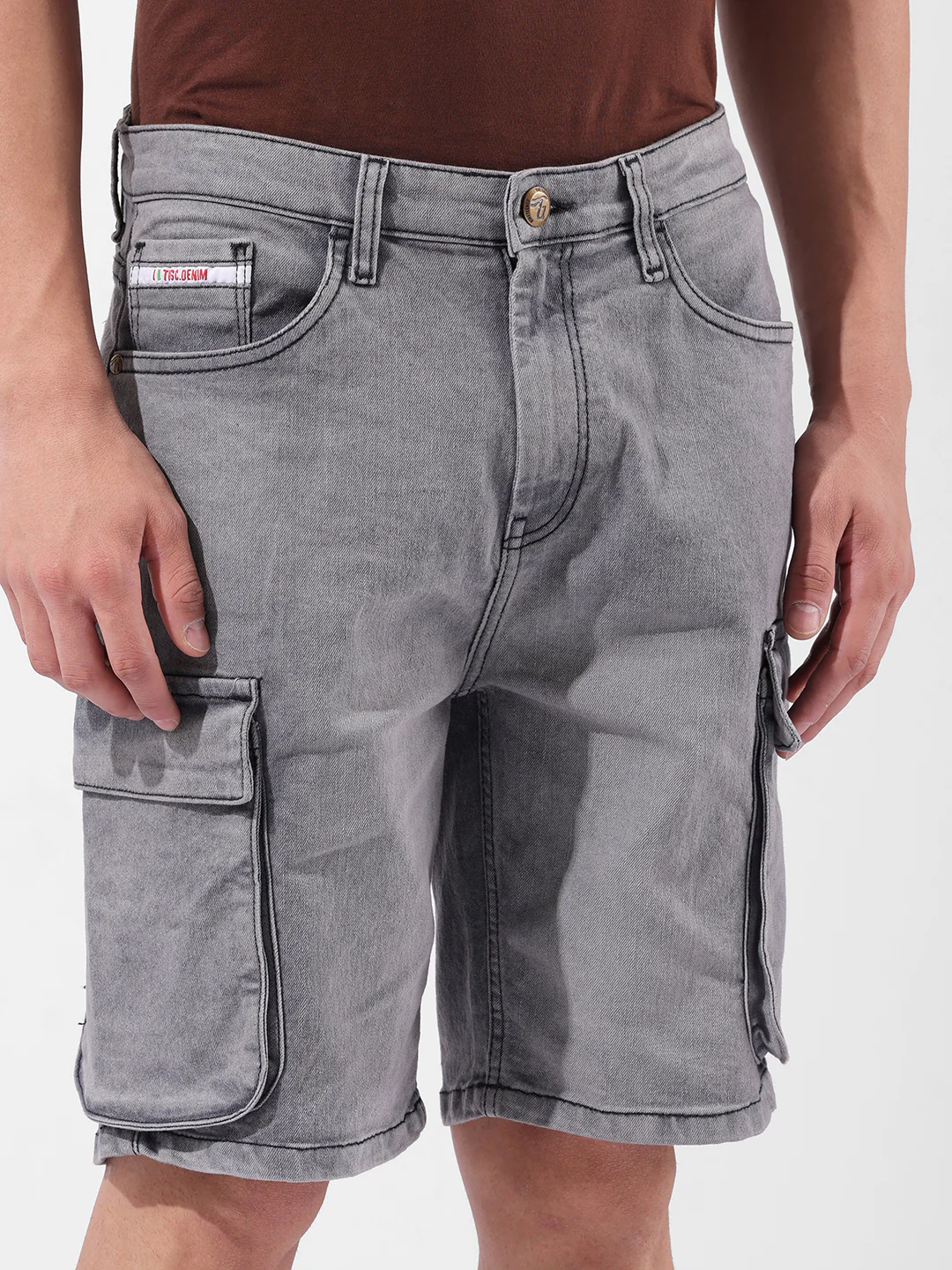 Men's Grey Relaxed Fit Printed Utility Shorts - Image 6
