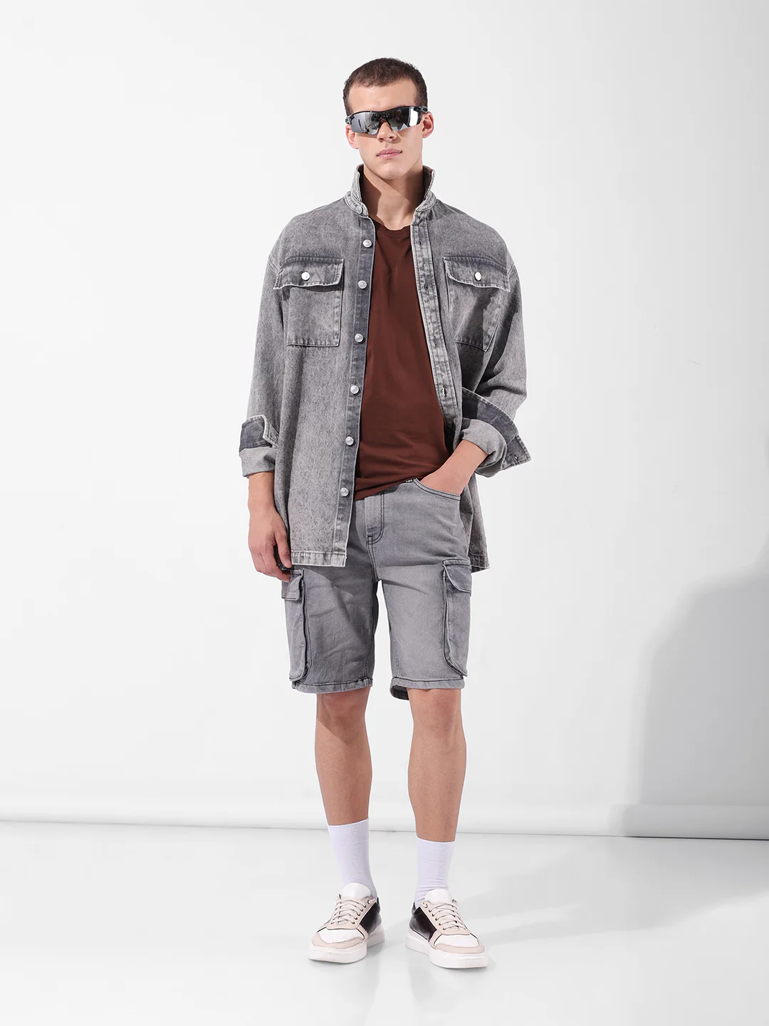 Men's Grey Relaxed Fit Printed Utility Shorts - Image 7