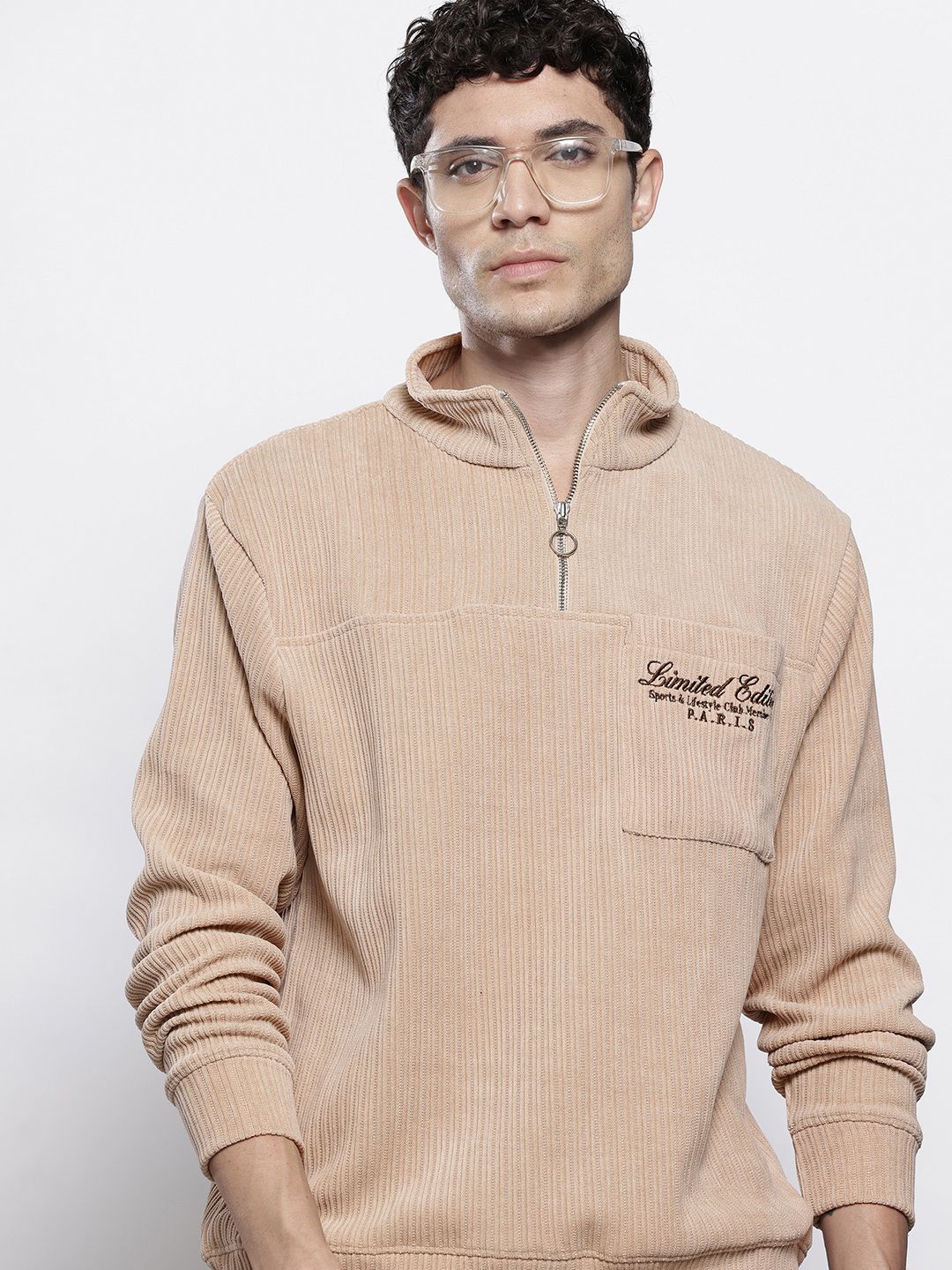 Men's Stone Relaxed Fit Solid Street Wear Sweatshirts - Image 3