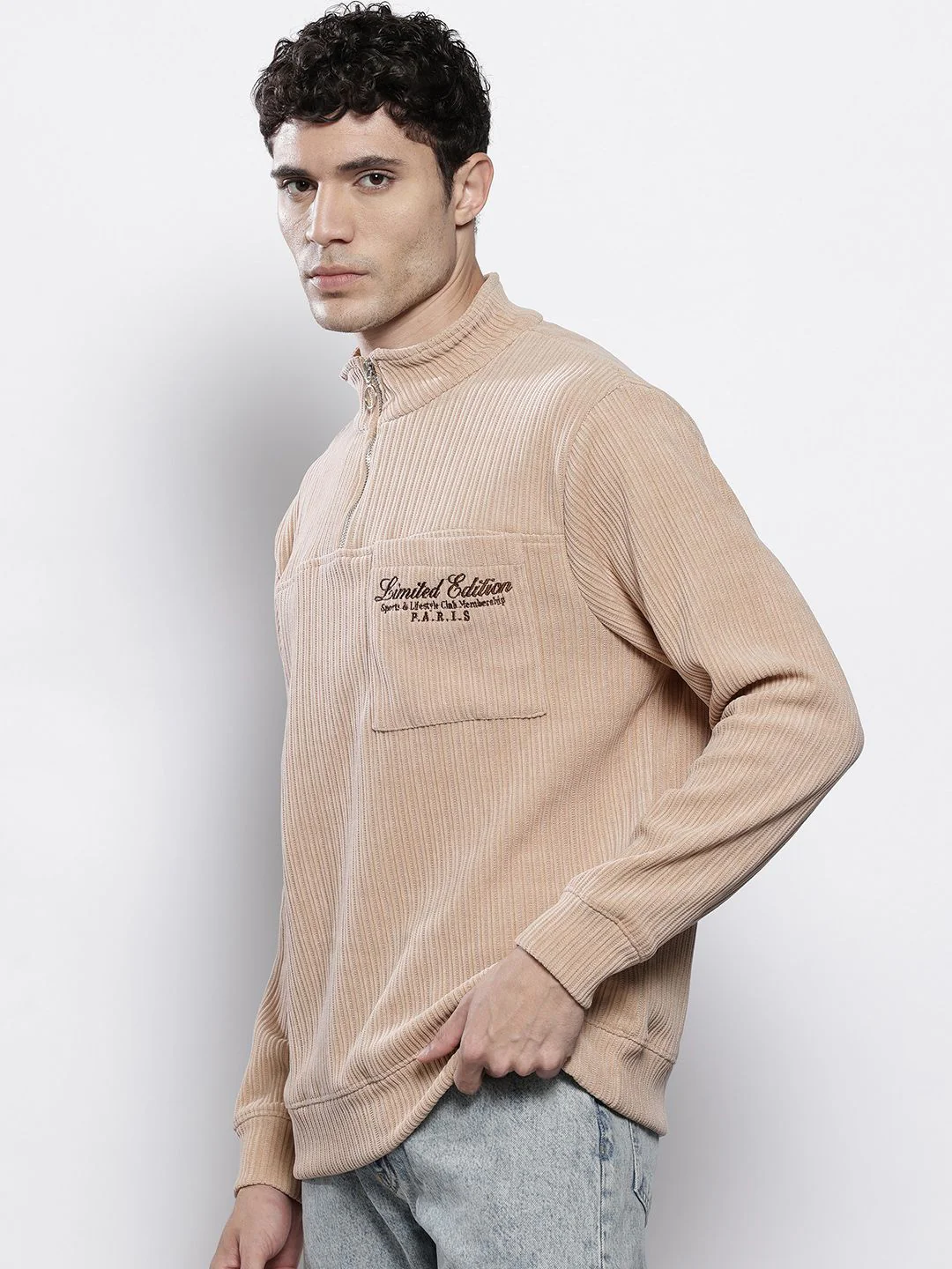 Men's Stone Relaxed Fit Solid Street Wear Sweatshirts - Image 4