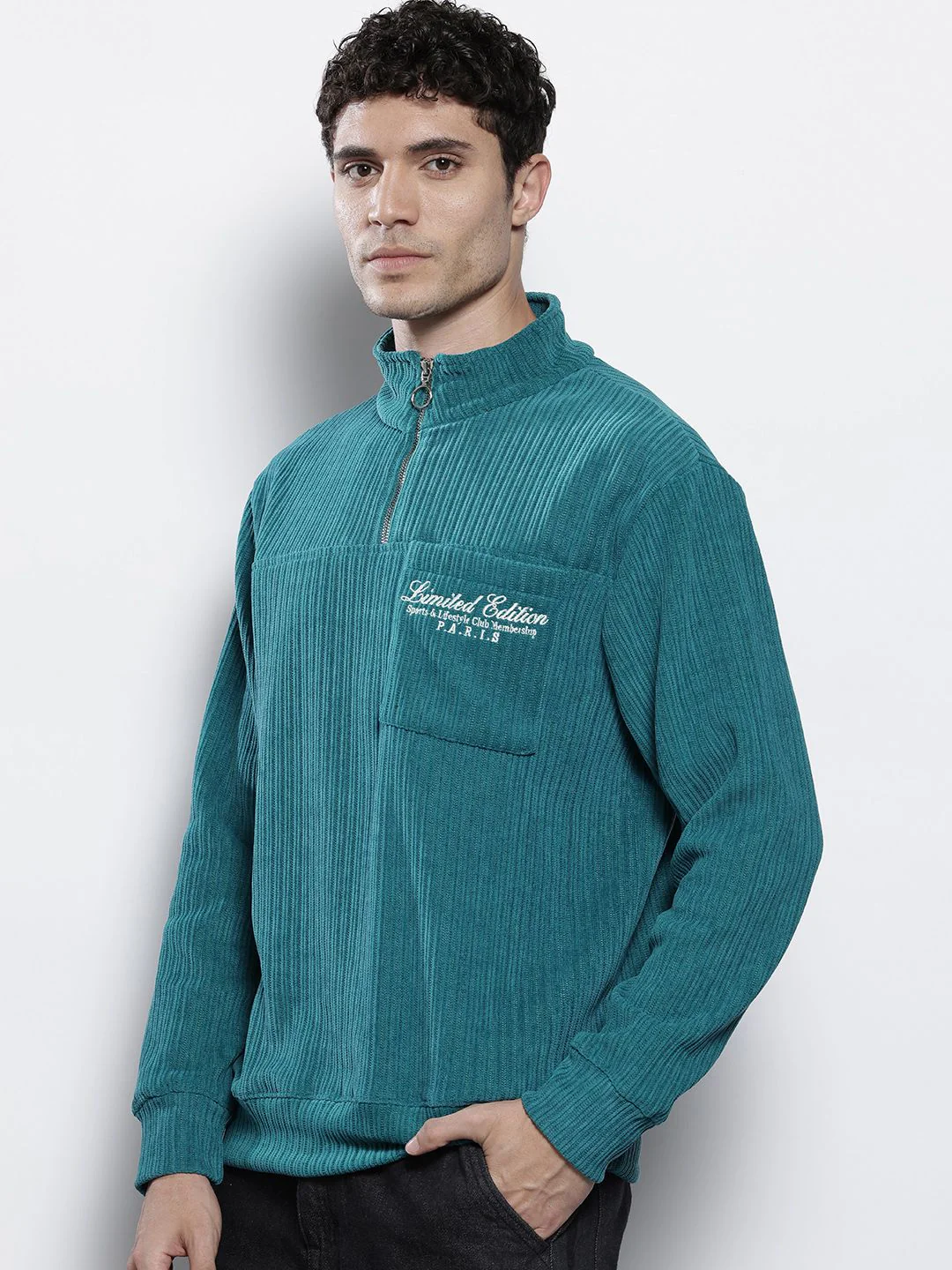 Men's Deep Emerald Relaxed Fit Solid Street Wear Sweatshirts - Image 4
