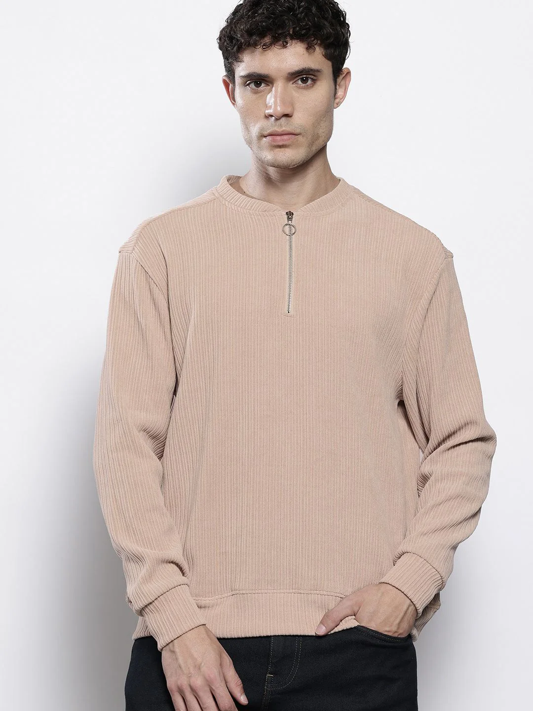 Men's Stone Relaxed Fit Solid Street Wear Sweatshirts - Image 3